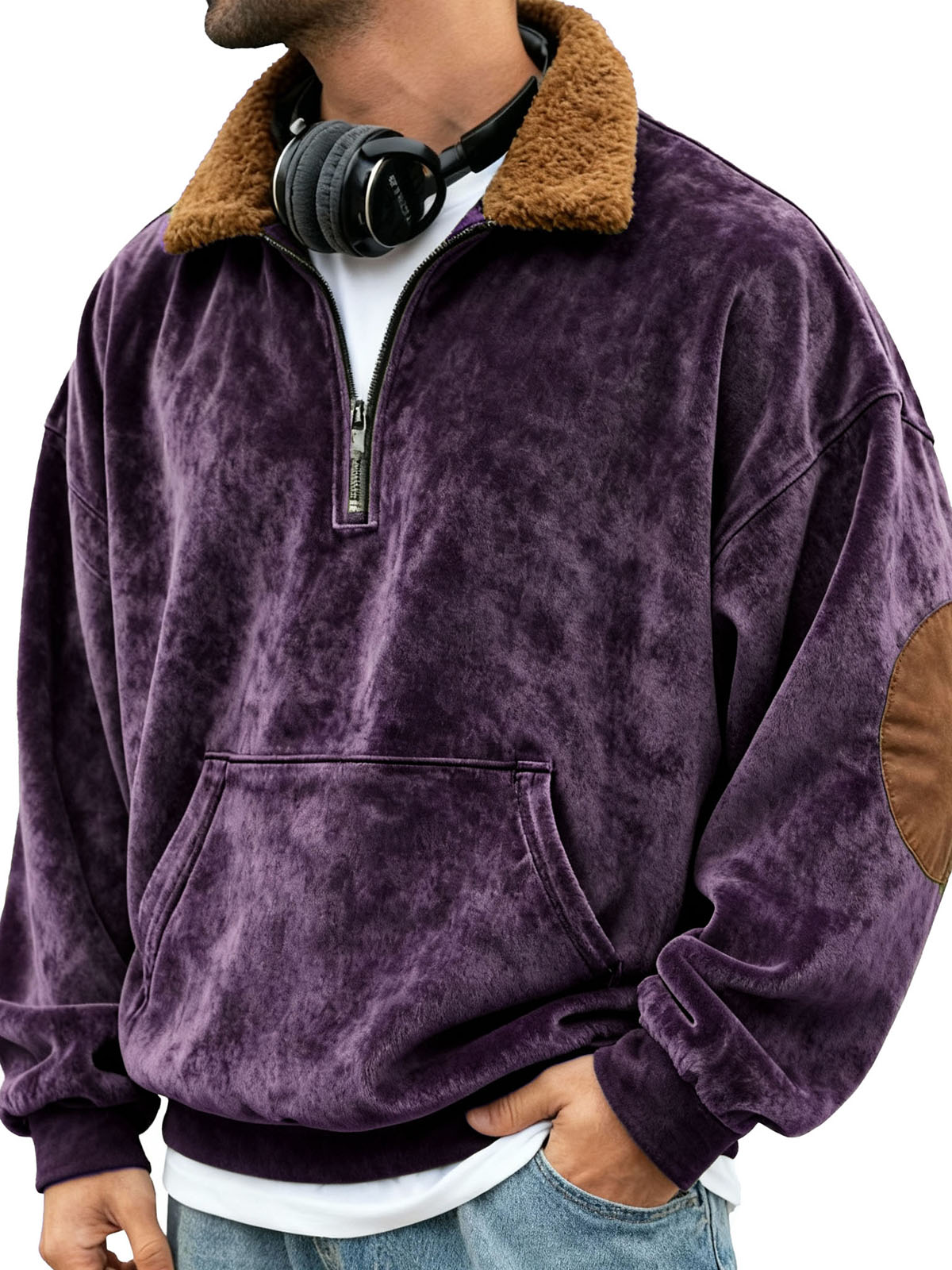 Men's Retro Patchwork Stand Collar Plush Pocket Stand Collar Zipper Sweatshirt