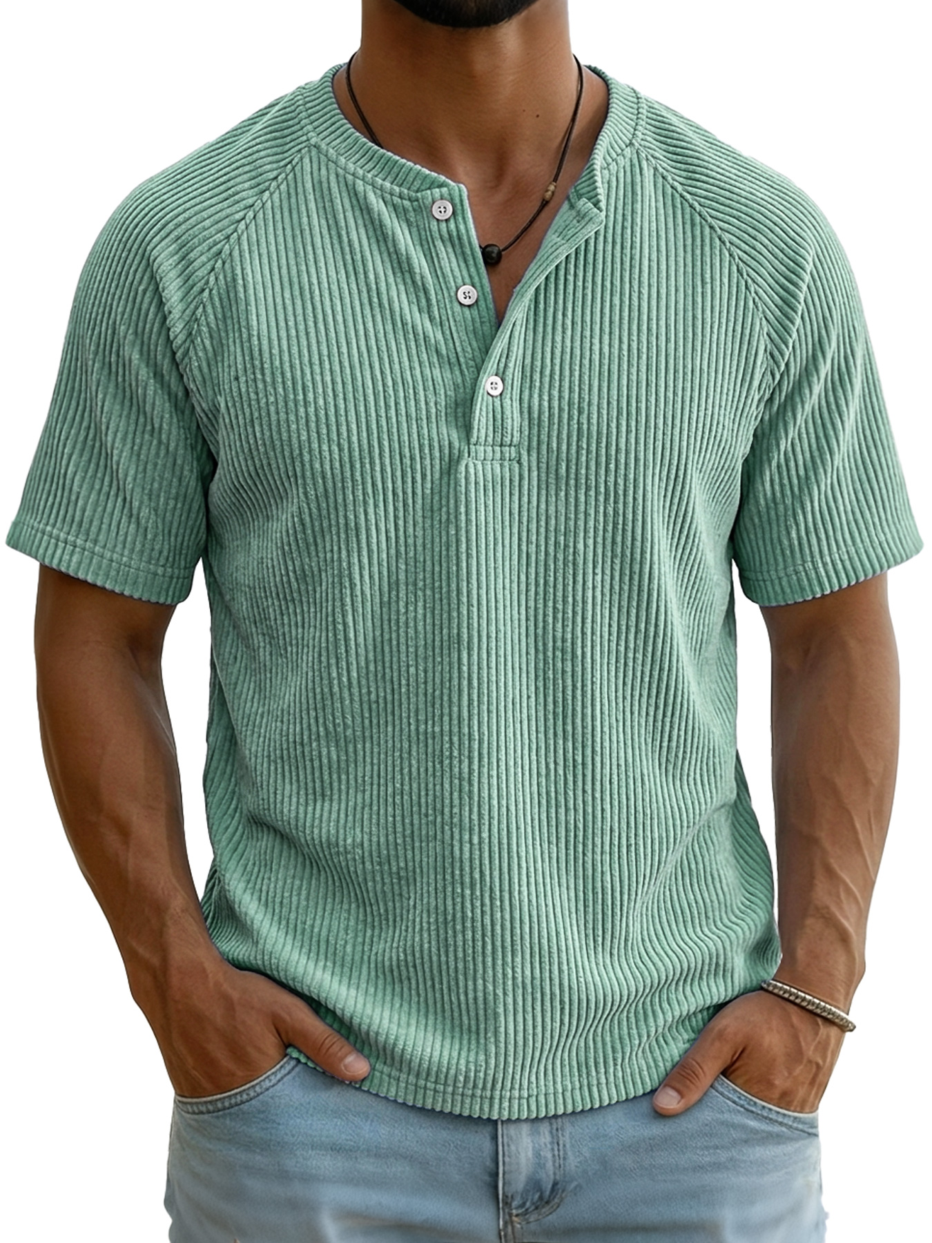 Men's Retro Corduroy Raglan Casual Short-Sleeve Henley Shirt
