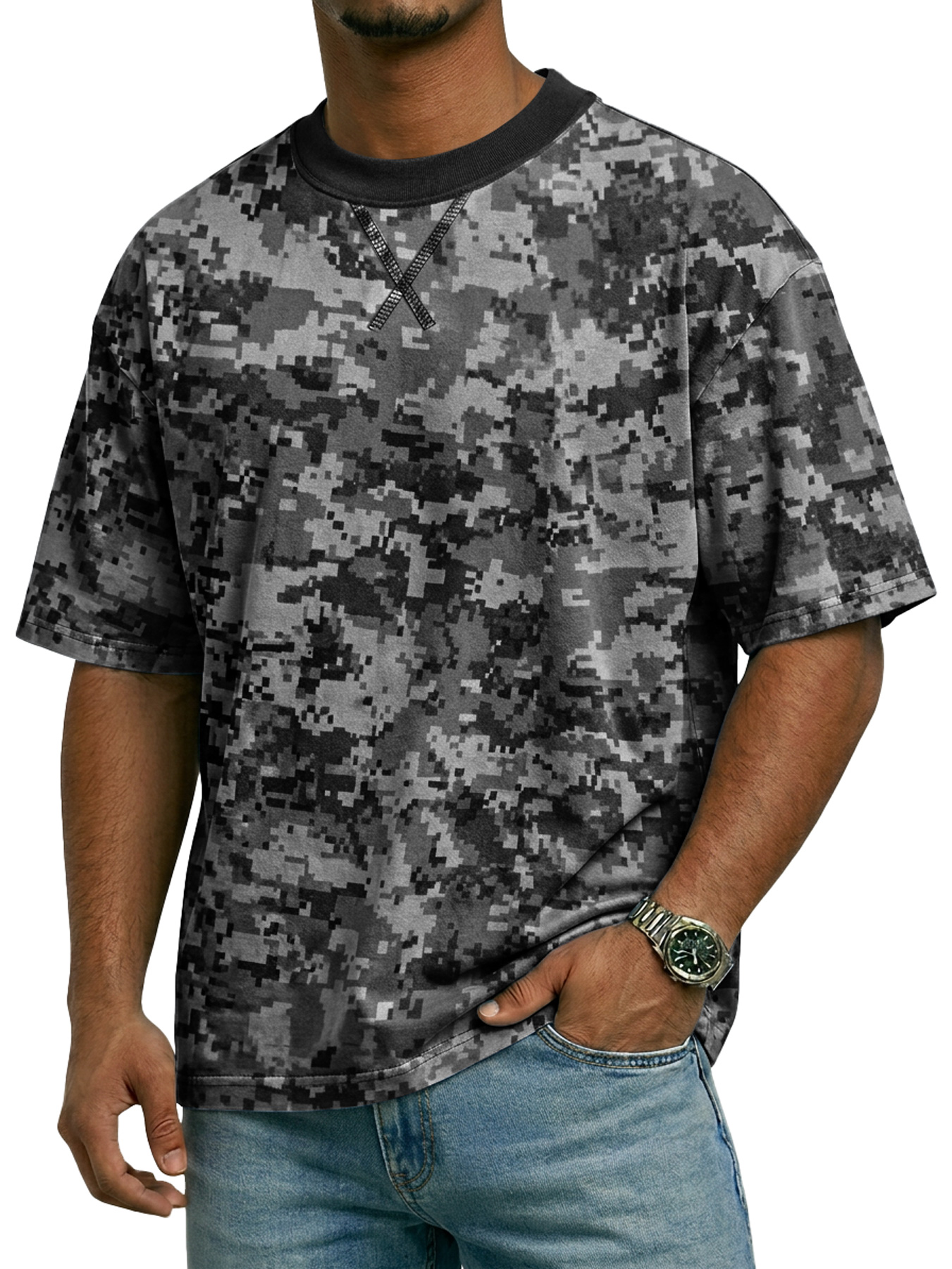 Men's Crew Neck Camouflage Crossover Design Casual Short-Sleeve T-Shirt