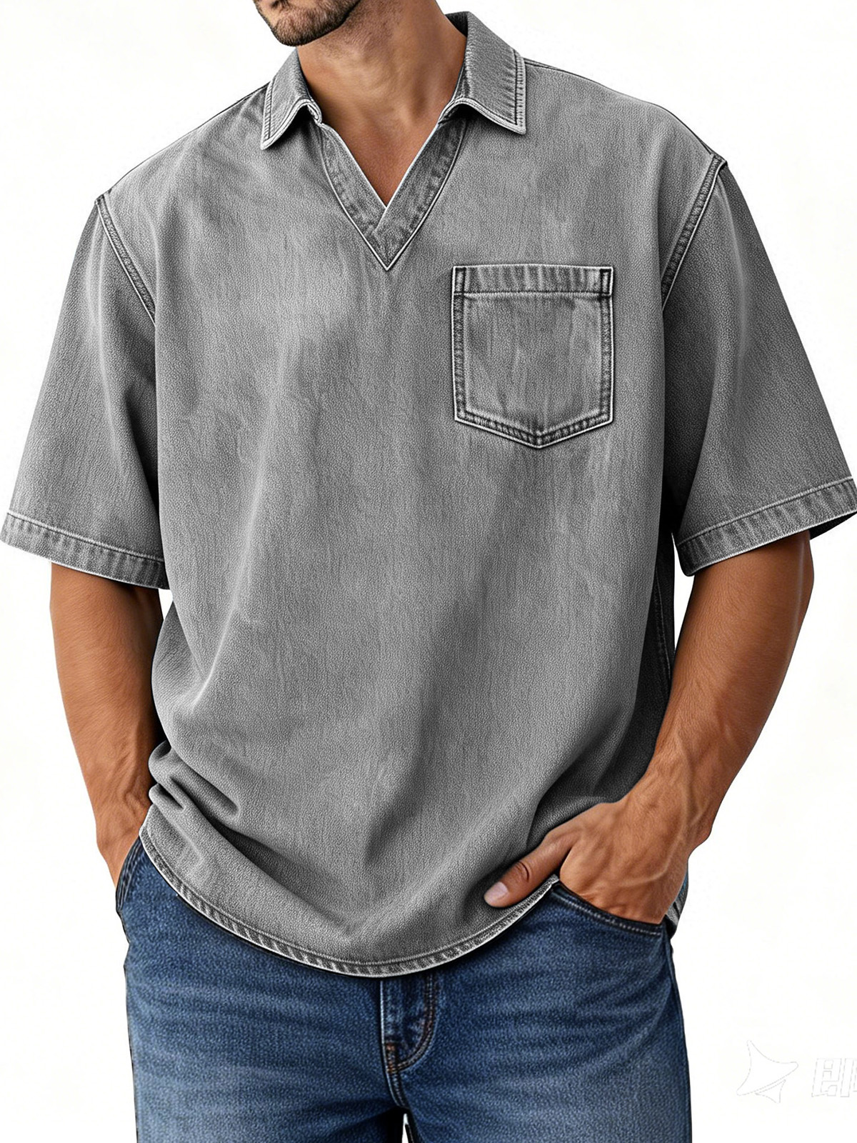 Men's Retro Distressed V-Neck Pocket Short-Sleeve Polo Shirt