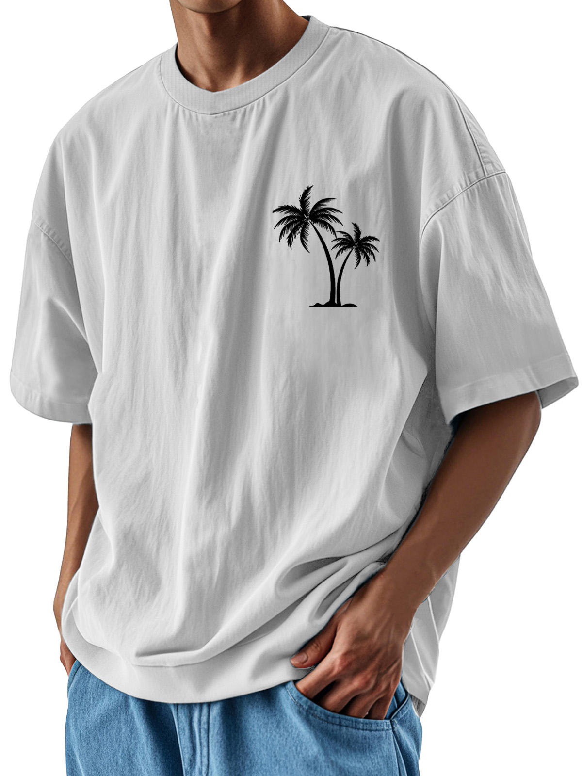 Men's Fashion Casual Loose Pocket Coconut Print Short Sleeve T-Shirt