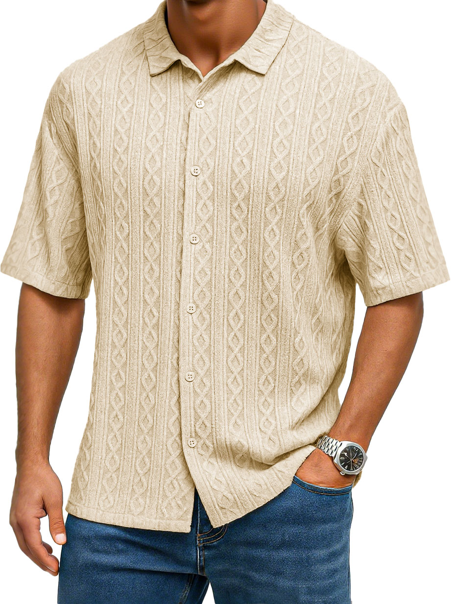 Men's Fashion Casual Jacquard Fabric Lapel Short-sleeved Shirt
