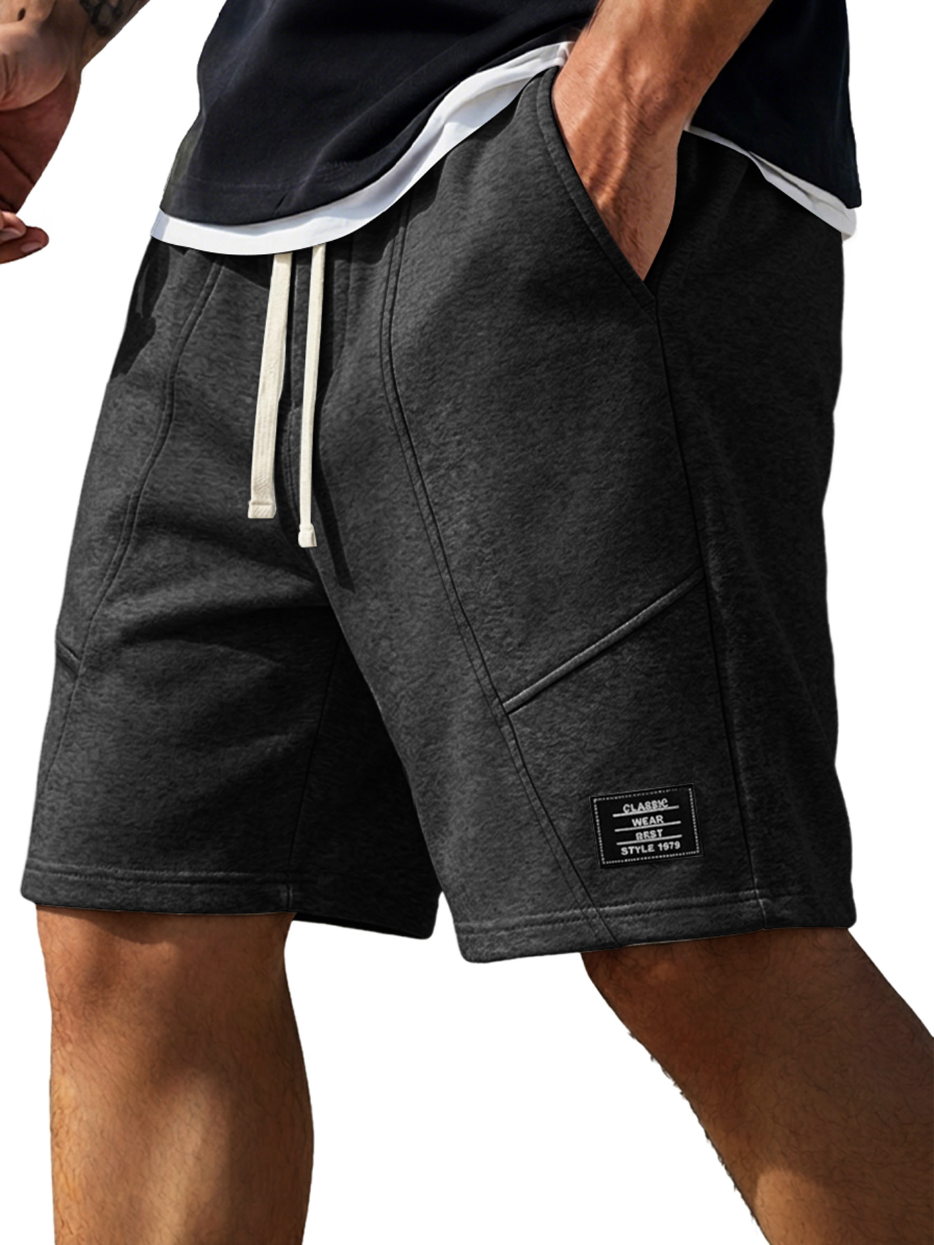 Men's Minimalist Deconstructed Design Embroidered Logo Casual Shorts