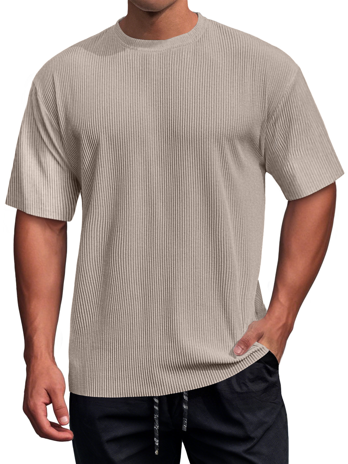 Men's Daily Round Neck Ribbed Texture Casual Short-sleeved T-shirt
