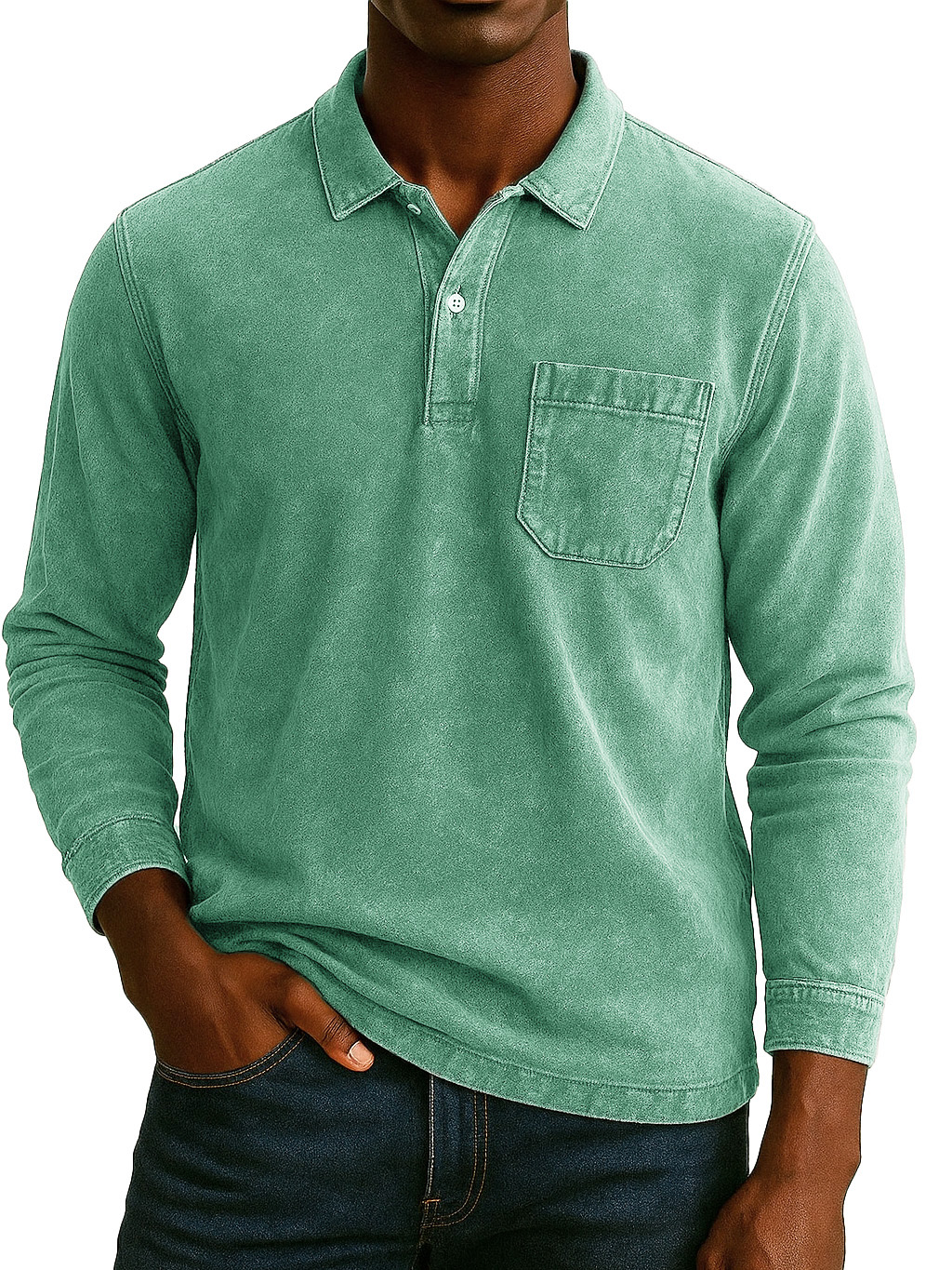 Men's Retro-chic Distressed Pocket Lapel Long-sleeved Polo Shirt