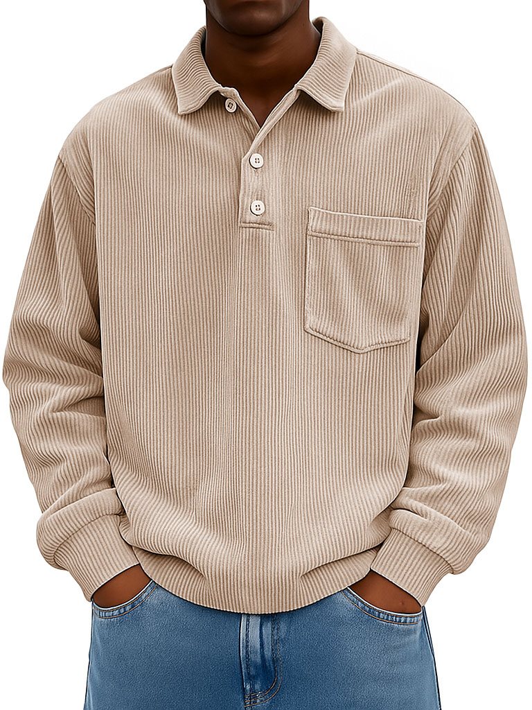 Men's Clothing Fashionable Casual Retro Lapel Corduroy Pit Strip Fabric Long-sleeved Pocket Polo Shirt