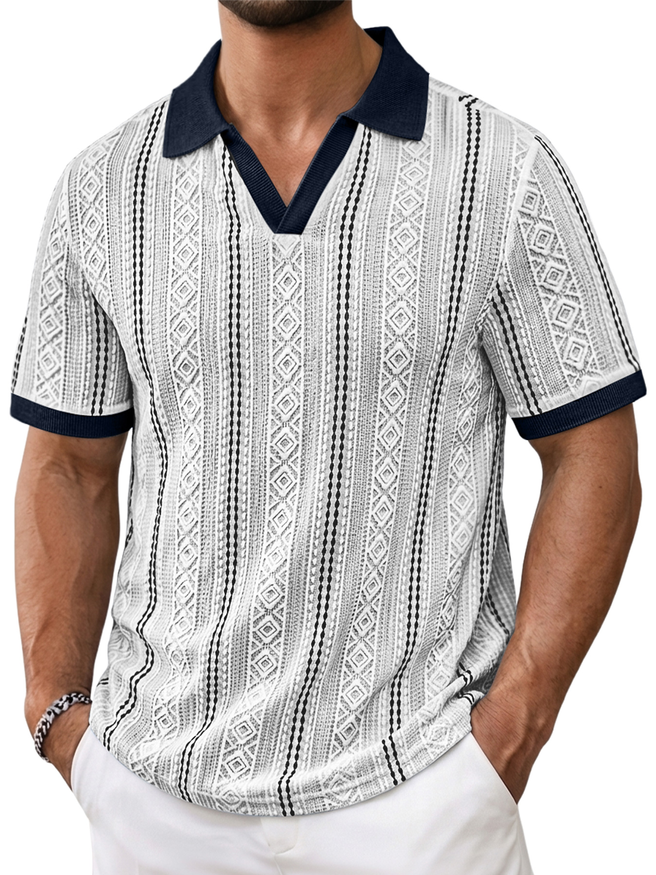 Men's Color-Blocked Seagull Collar Jacquard Textured Casual Short-Sleeve Polo Shirt
