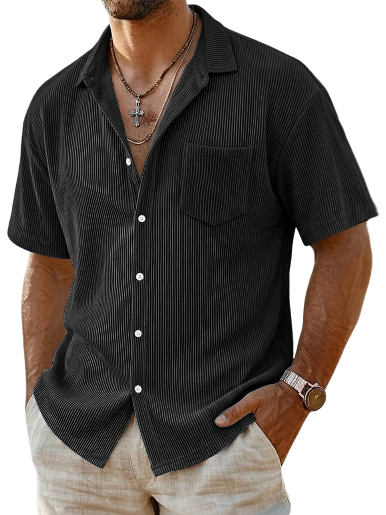 Men's Casual Ribbed Pocket Short-sleeved Shirt