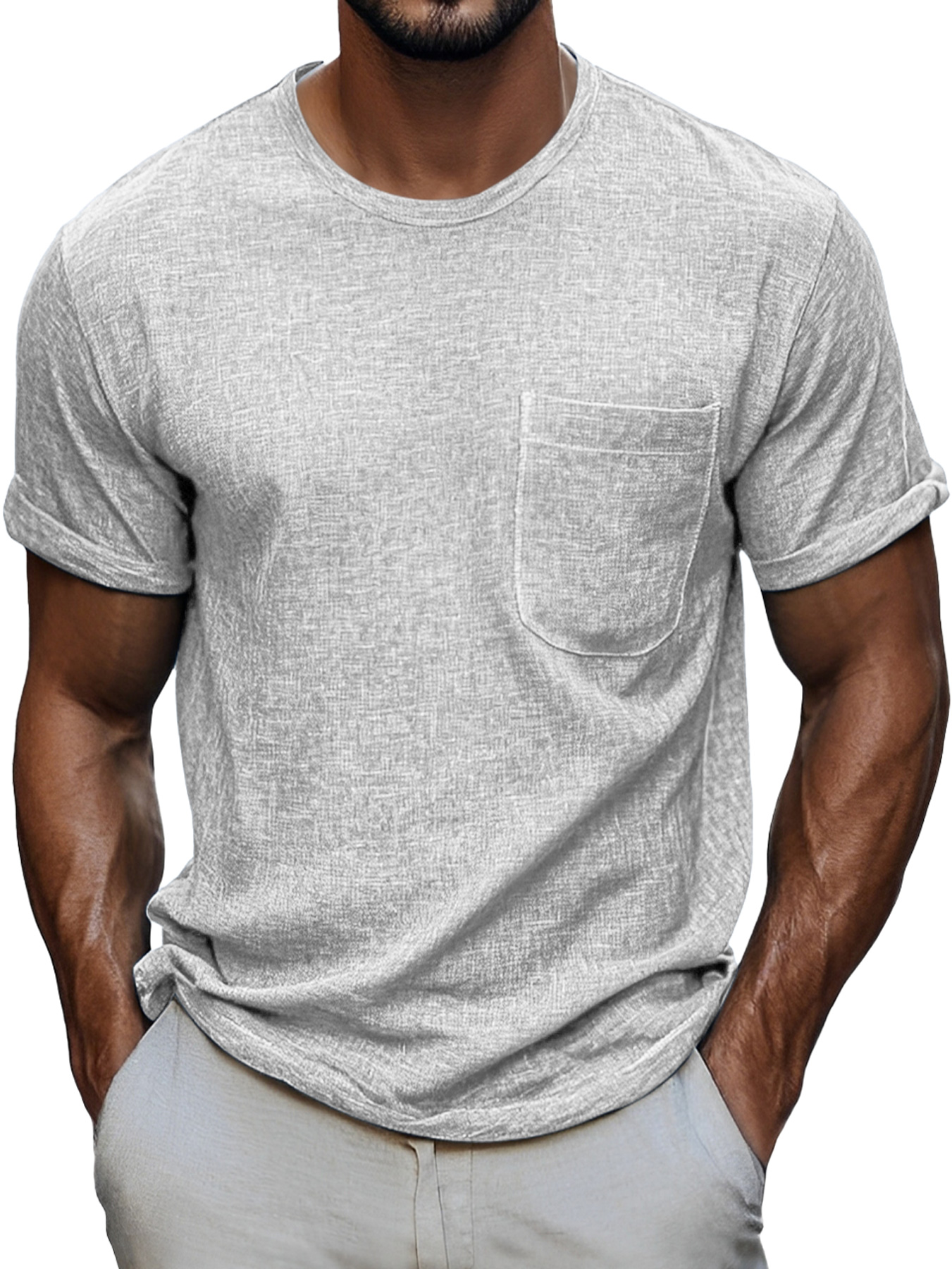 Men's Daily Round Neck Pocket Casual Comfortable Solid Color Short Sleeve T-shirt