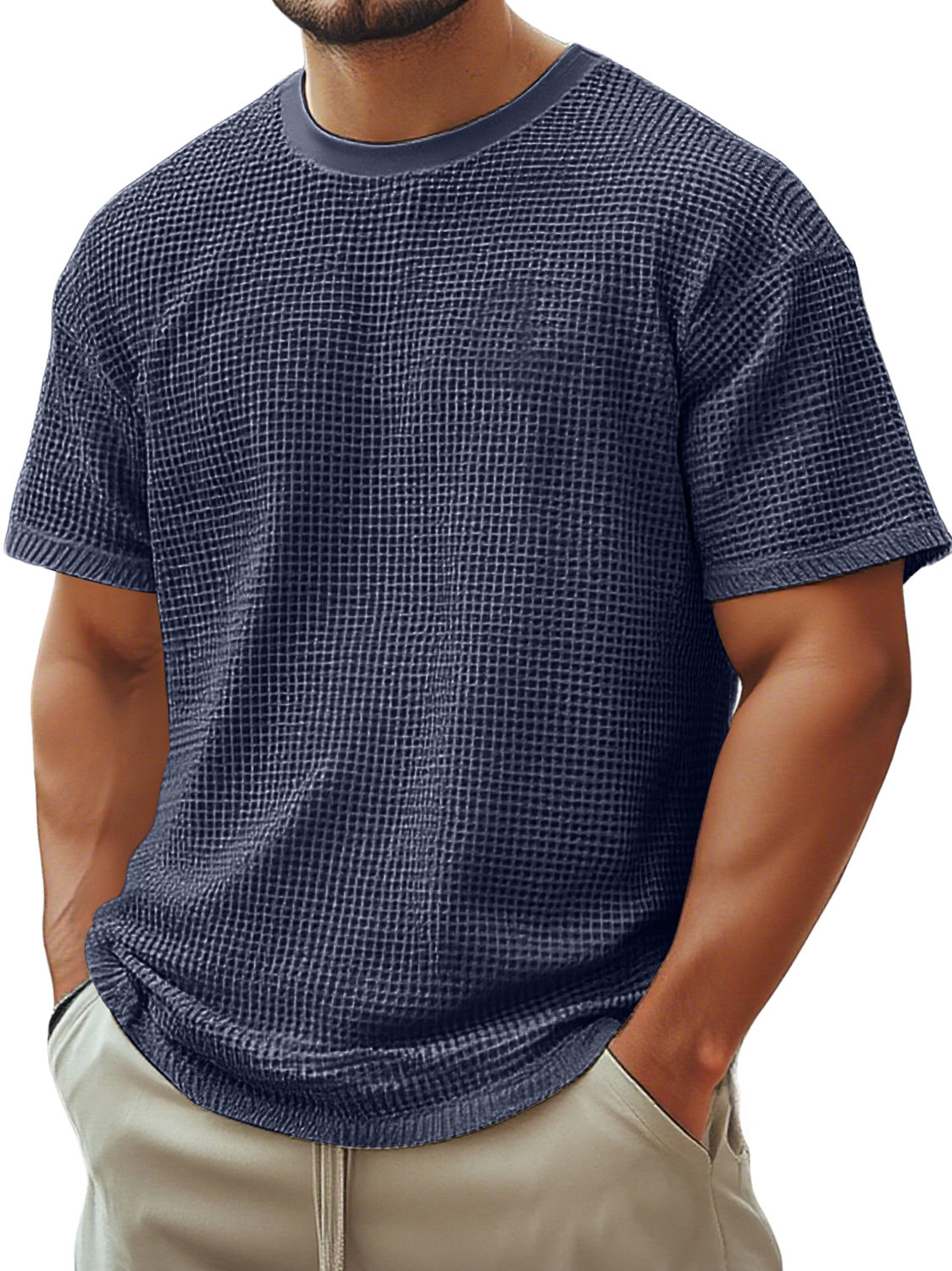 Men's Retro Crew Neck Waffle Casual Short Sleeve T-Shirt