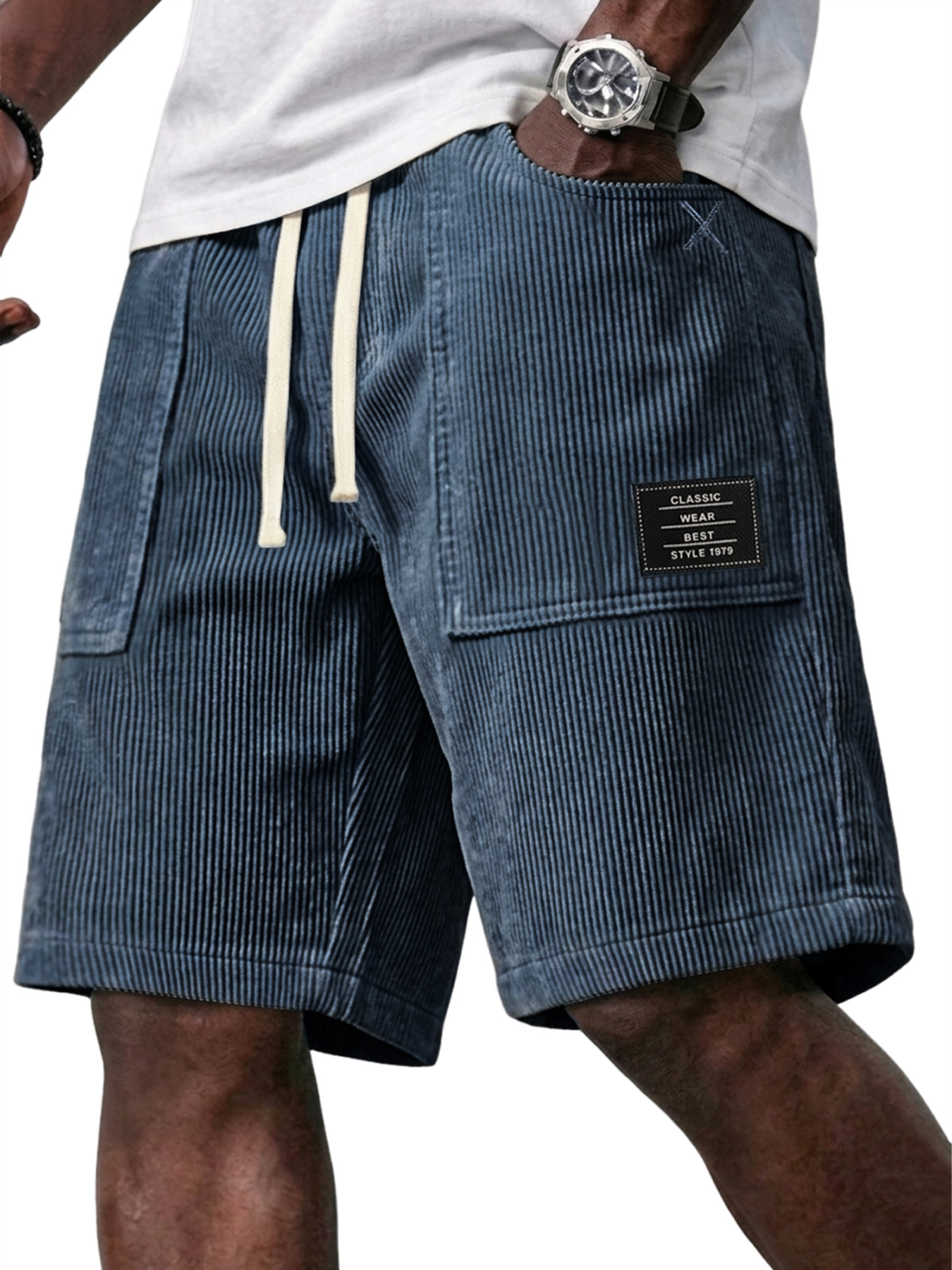 Men's Retro Corduroy Patch Pocket Embroidered Logo Elastic Waist Casual Shorts
