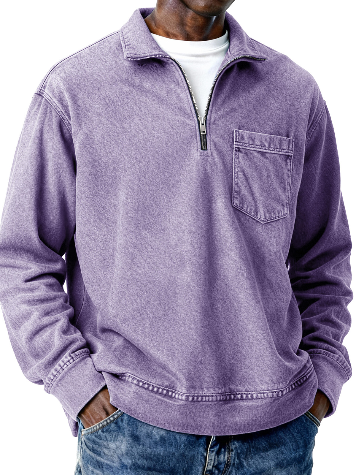 Men's Retro Distressed Zipper Loose Long-Sleeve Polo Shirt