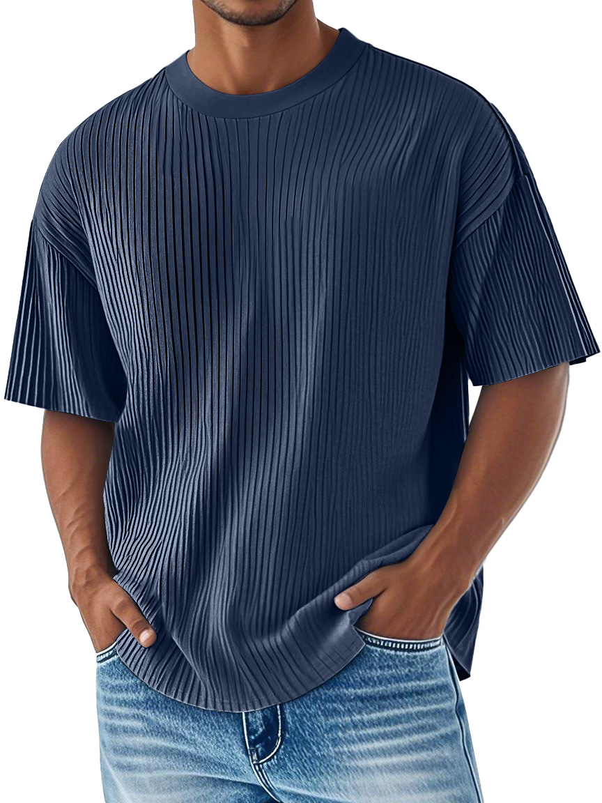 Men's Daily Ribbed Round Neck Casual Solid Color Comfortable Short-sleeved T-shirt