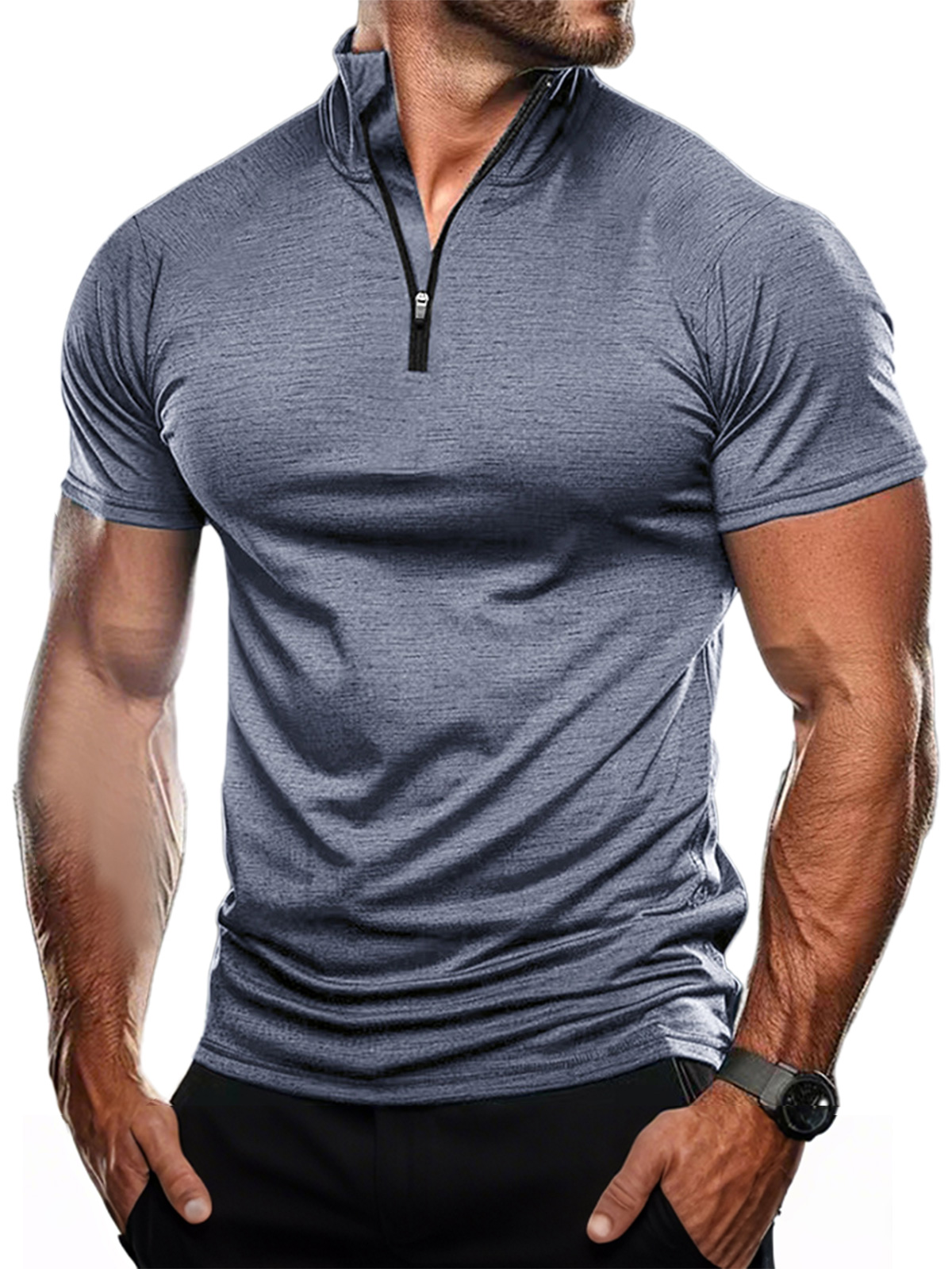 Men's Casual Stand Collar Zipper Quick-drying Solid Color Short-sleeved T-shirt