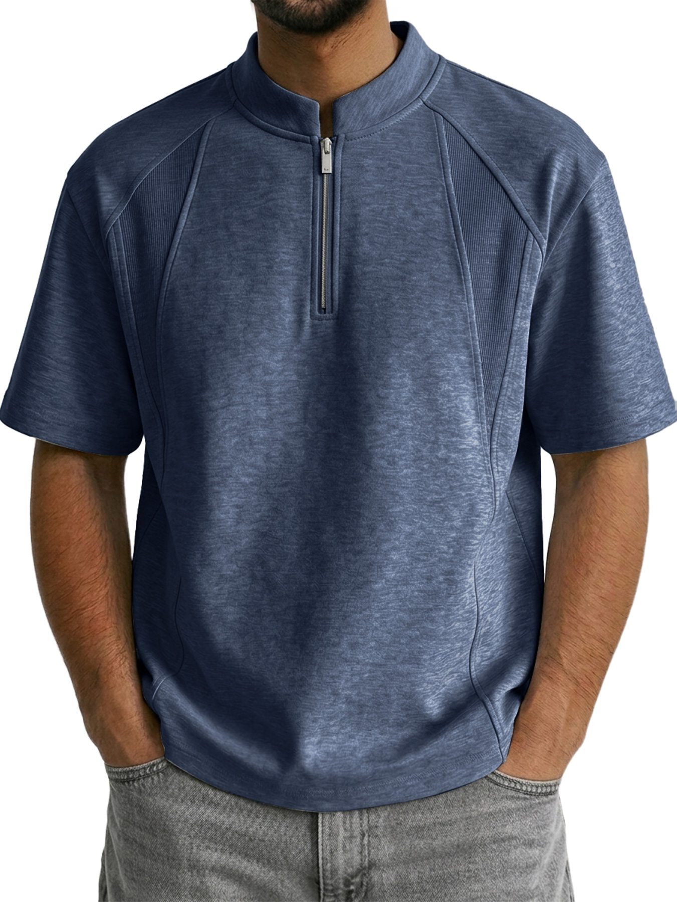 Men's Stand Collar Zipper Deconstructed Casual Short-Sleeve T-Shirt
