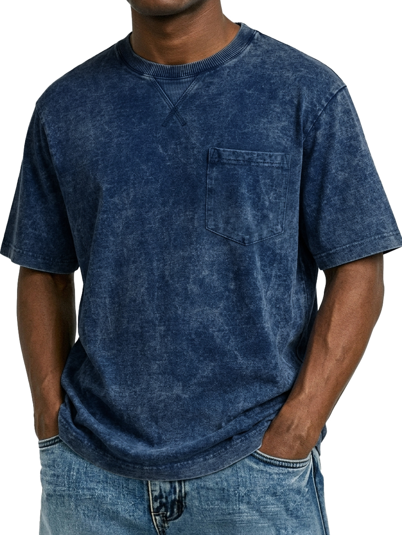 Men's Retro Cross-Strip Design Casual Crew Neck Pocket Short-Sleeve T-Shirt