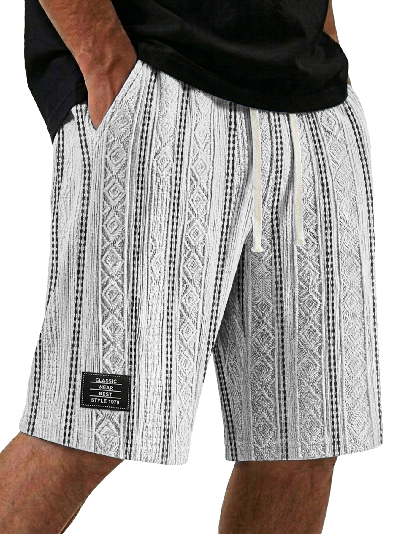 Men's Color-Blocked Textured Embroidered Logo Casual Loose Shorts
