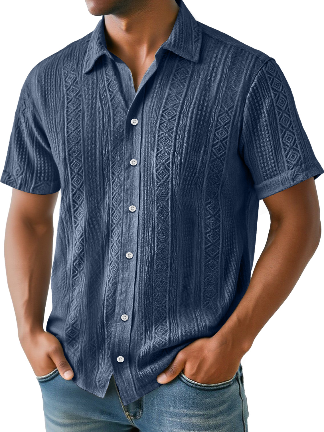 Men's Daily Simple Jacquard Texture Casual And Comfortable Solid Color Short-sleeved Shirt