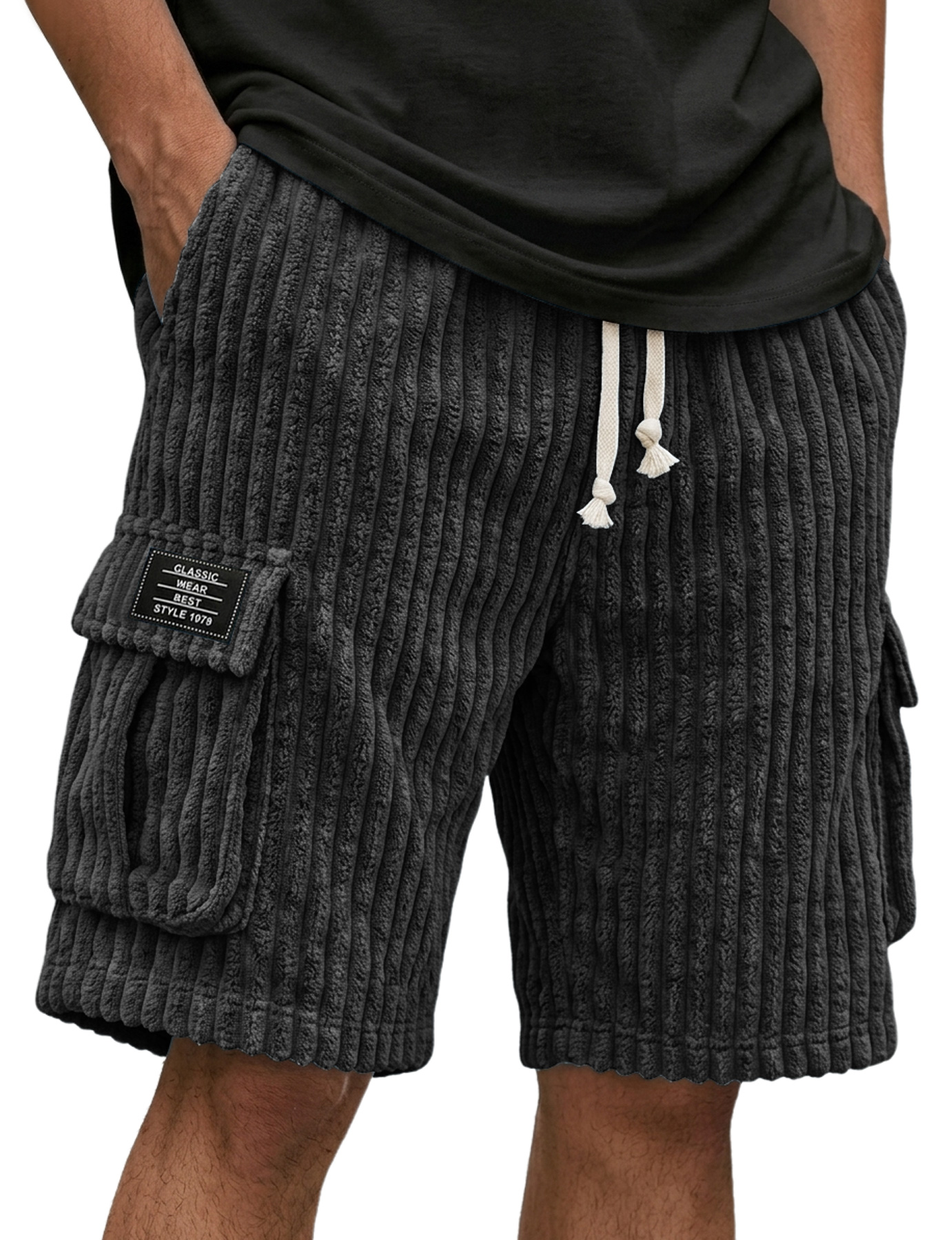 Men's Corduroy Multi-Pocket Embroidered Logo Casual Cargo Shorts
