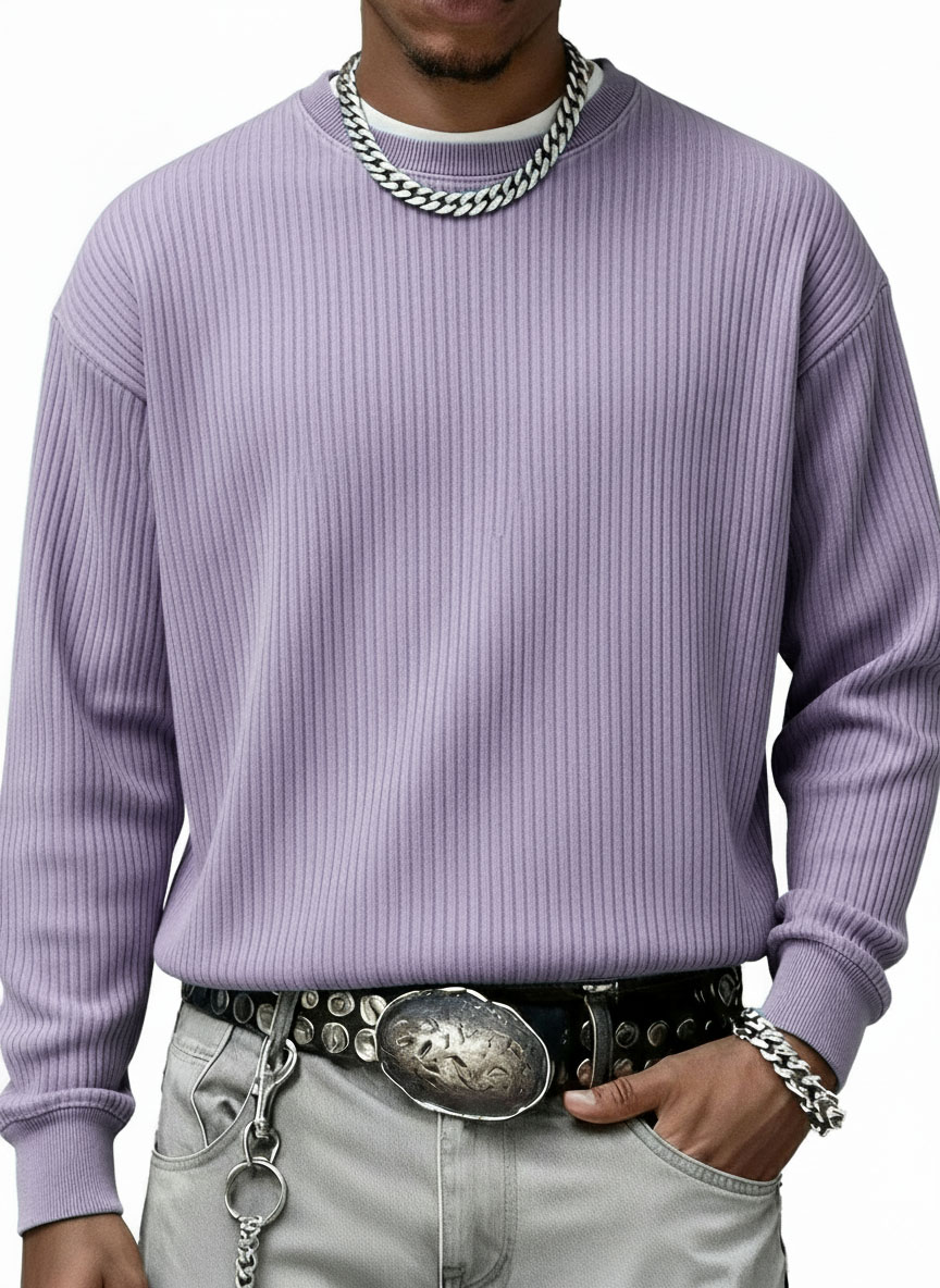 Men's Stylish Casual Vintage Crewneck Ribbed Fabric Long-sleeved Base T-shirt