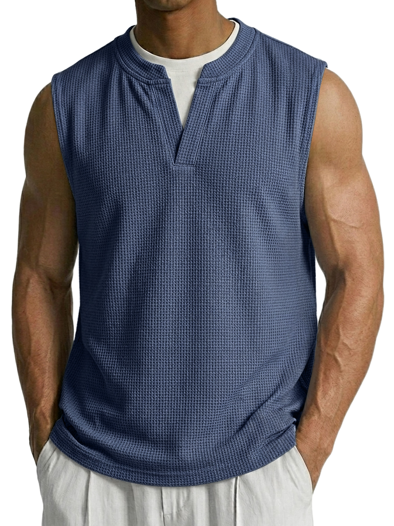 Men's Waffle-knit Faux Two-piece Casual Comfortable Sleeveless Vest