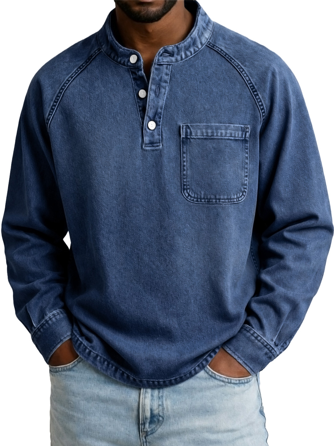 Men's Vintage Casual Raglan Sleeve Pocket Long-sleeved Henley Shirt