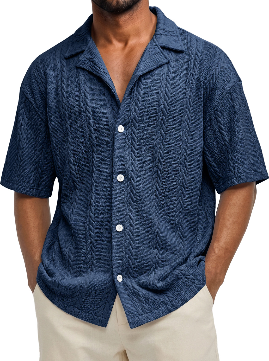 Men's Casual Solid-Color Short-Sleeve Shirt with Jacquard Texture