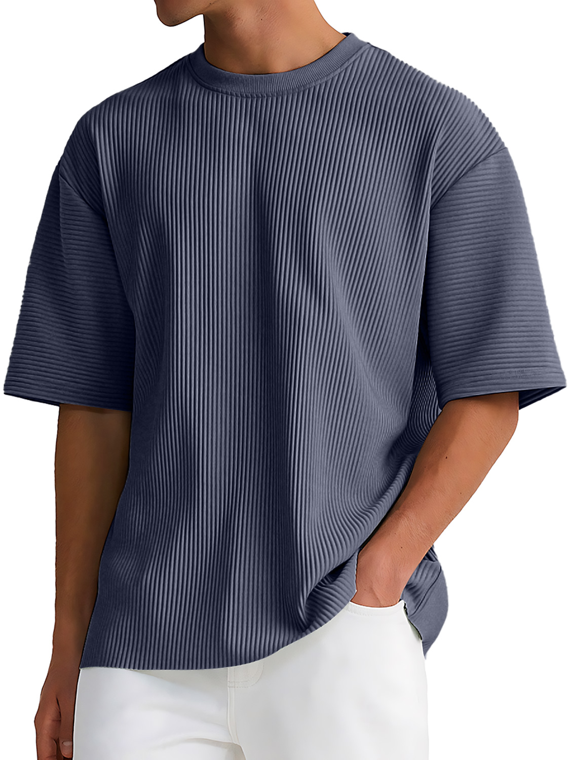 Men's Daily Round Neck Ribbed Texture Casual Solid Color Short-sleeved T-shirt