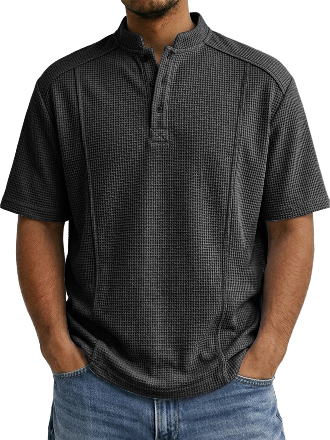 Men's Waffle-knit Deconstructed Stand-up Collar Button-down Casual Short-sleeved Henley Shirt