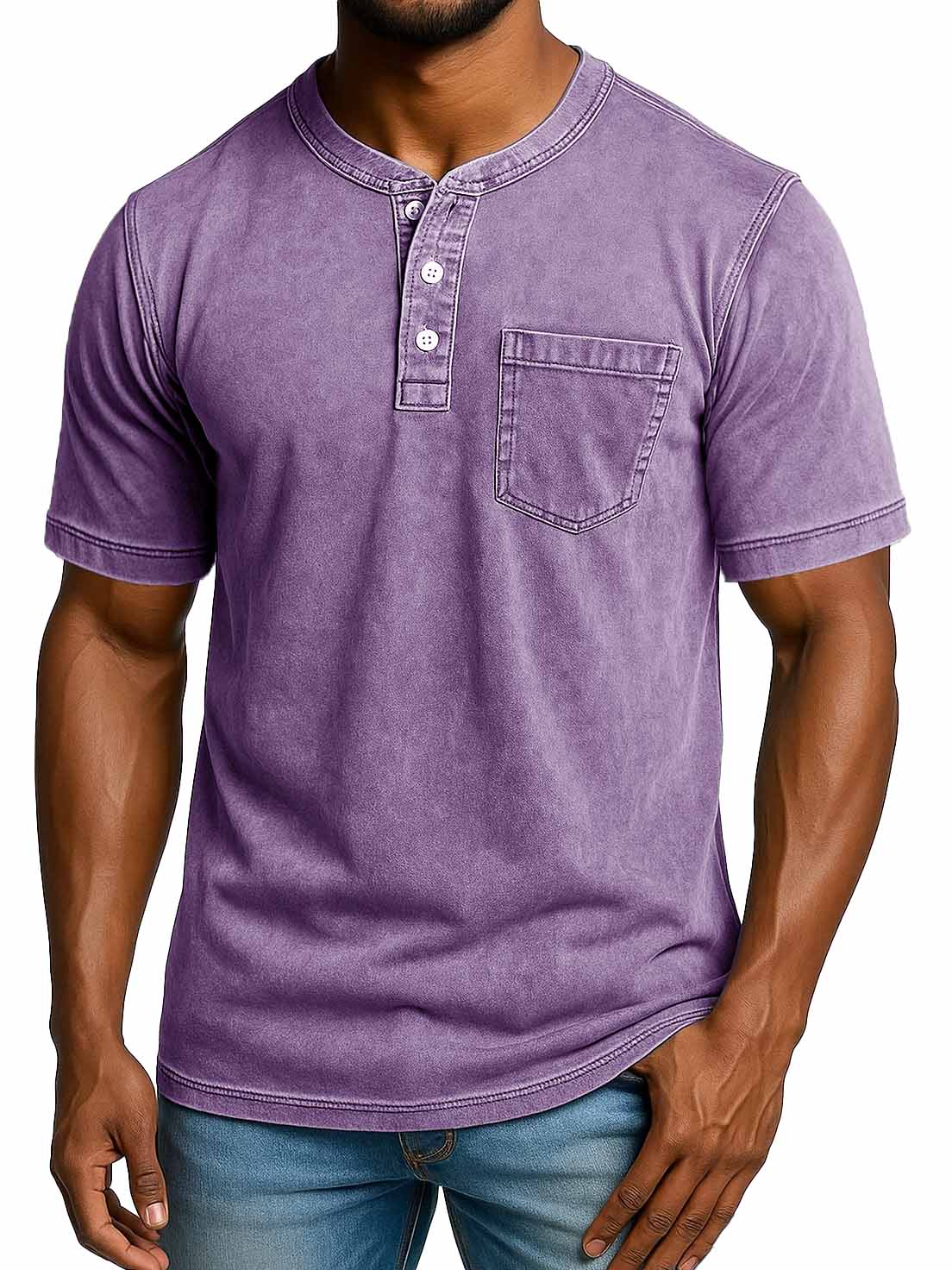 Men's Fashion Retro Distressed Short-sleeved Pocket Henley Shirt
