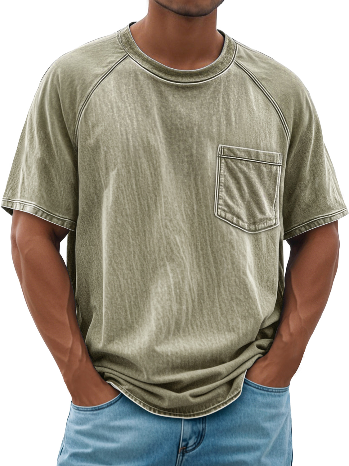 Men's Retro Round Neck Raglan Pocket Casual Short Sleeve T-Shirt