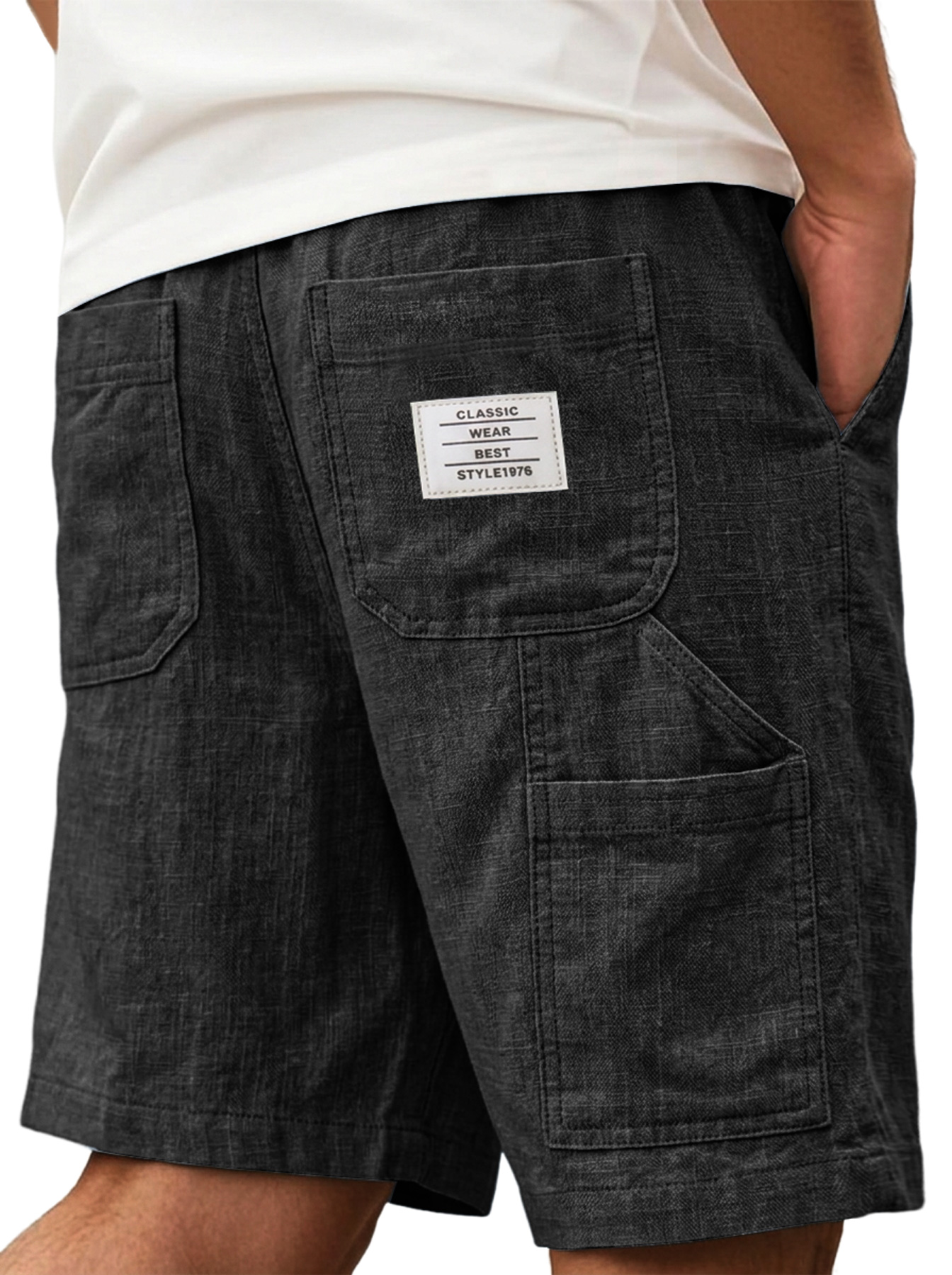 Men's Comfortable Cotton Linen Multi-Pocket Embroidered Logo Casual Cargo Shorts