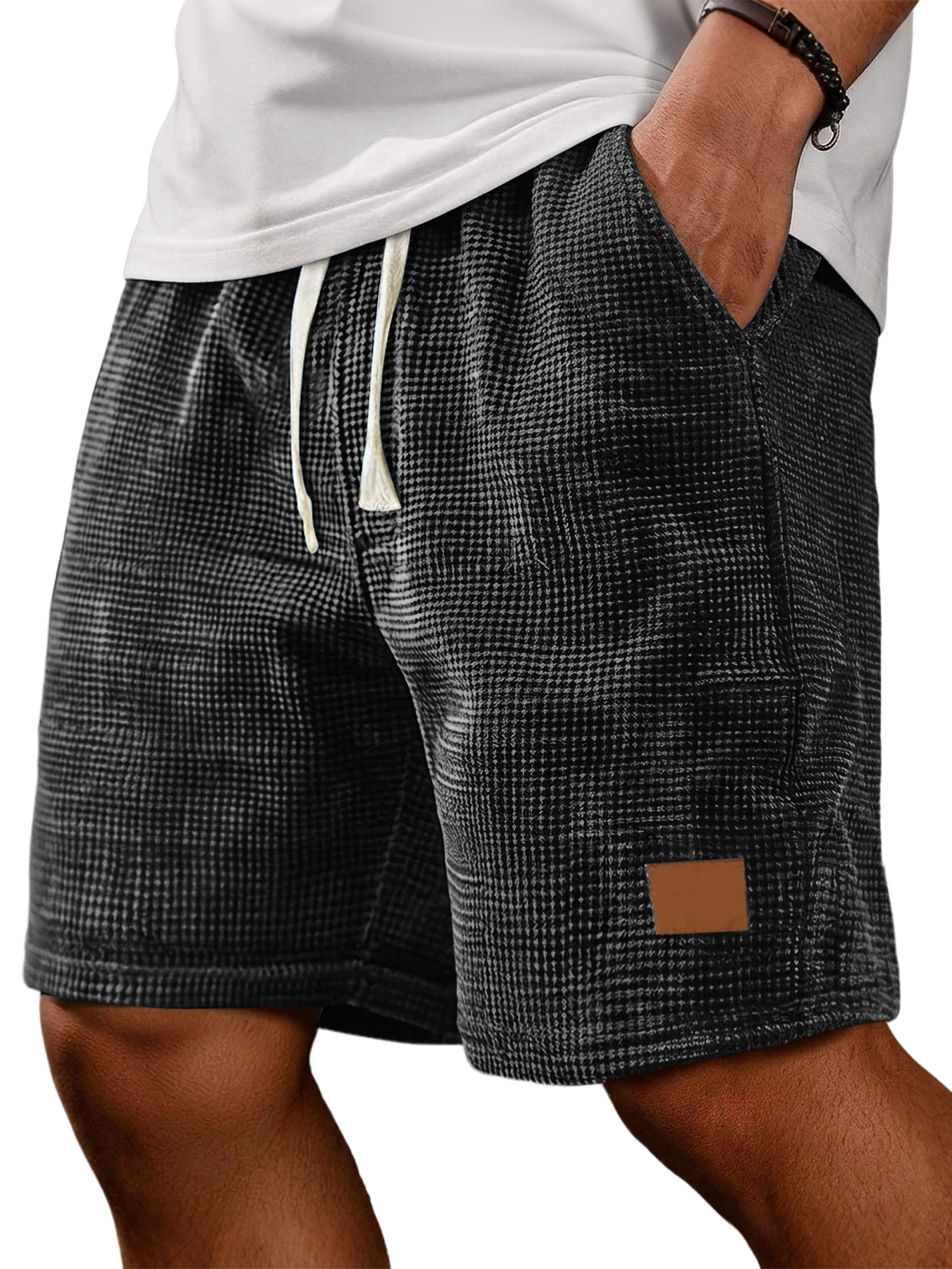 Men's Retro Corduroy Waffle Knit Embroidered Leather Label Casual Loose Shorts