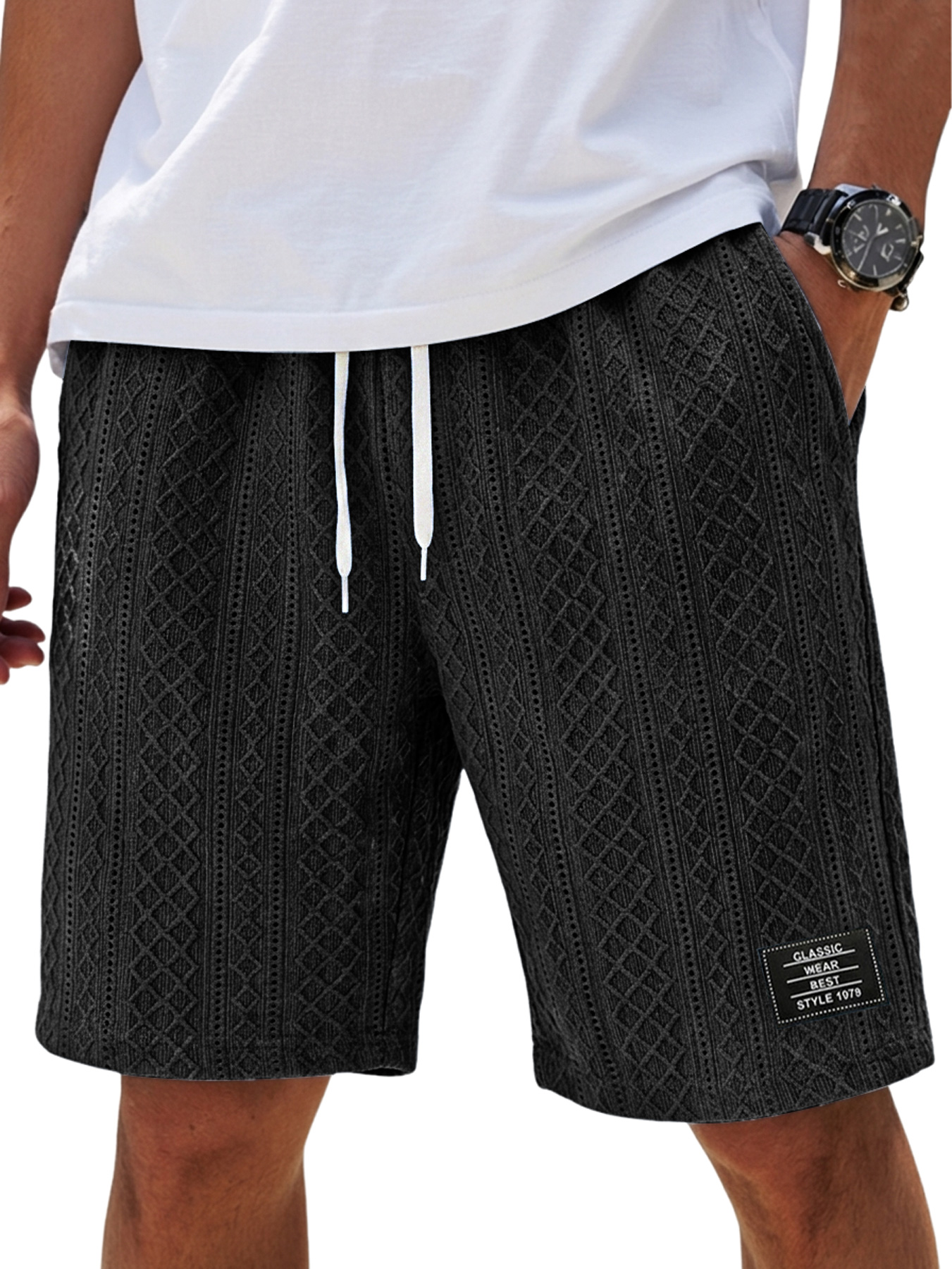 Men's Fashion Textured Embroidered Logo Elastic Waist Casual Shorts