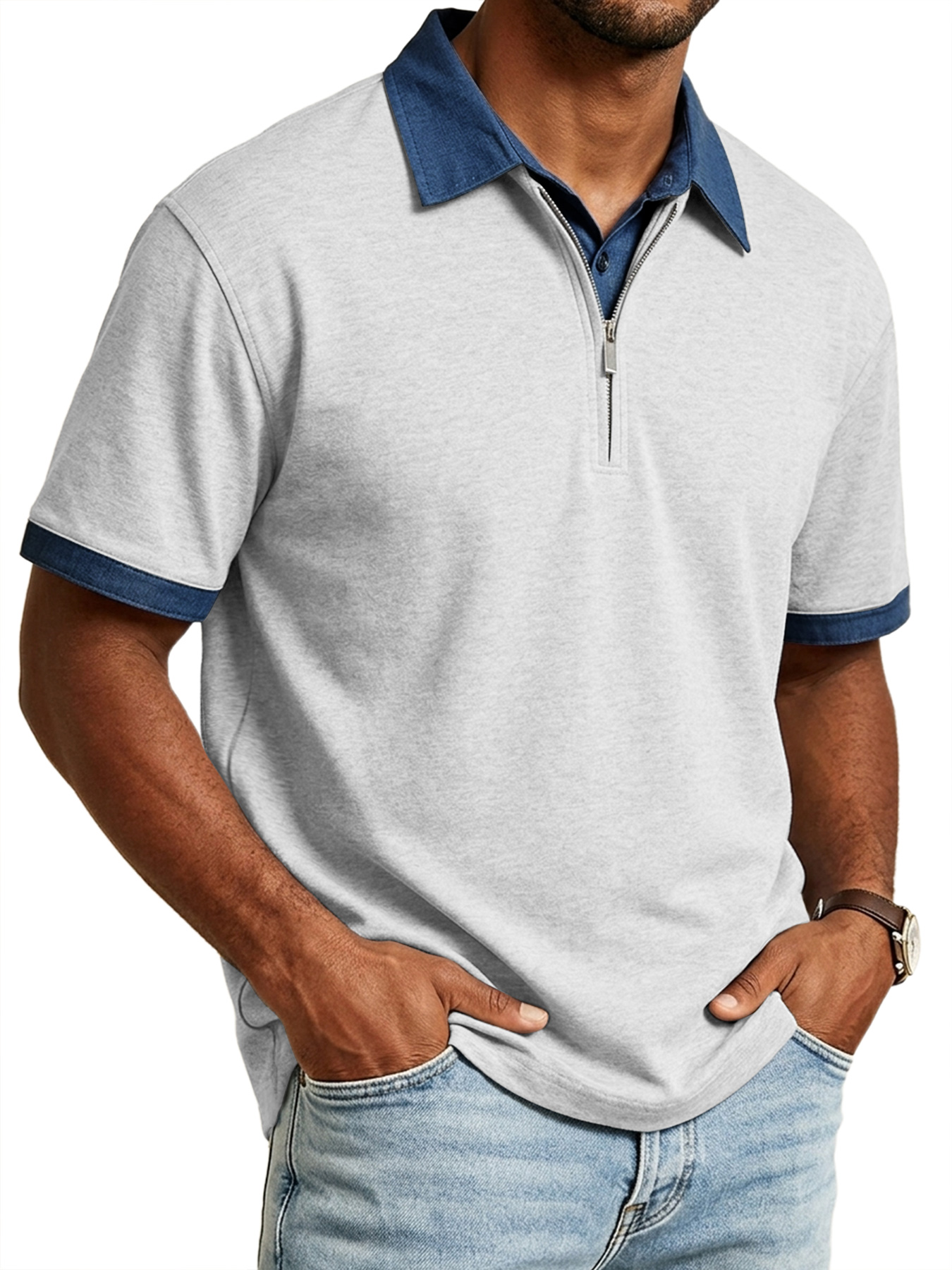 Men's Casual Faux Two-Piece Collared Zipper Color Block Short-Sleeve Polo Shirt