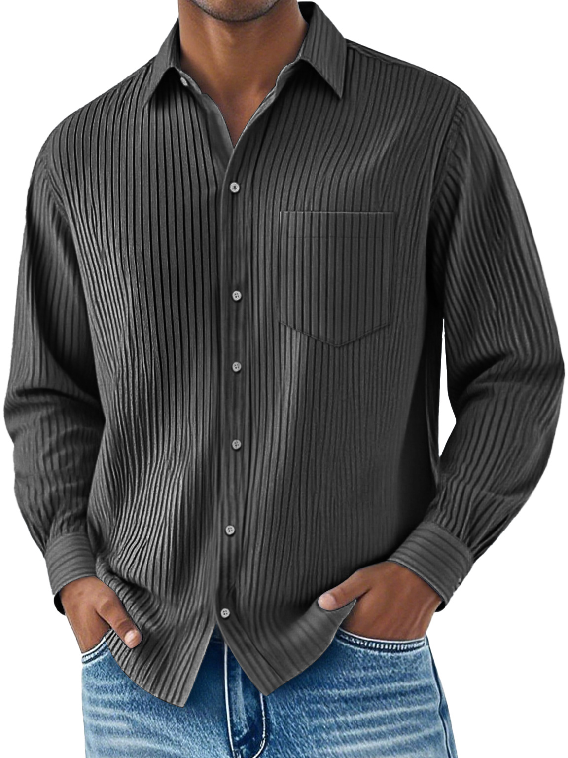 Men's Daily Ribbed Lapel Pocket Casual Long Sleeve Shirt