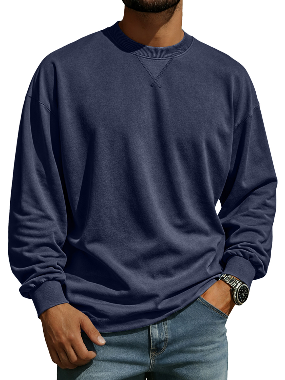 Men's Comfortable Crew Neck Long-sleeved T-shirt With A Crossover Design