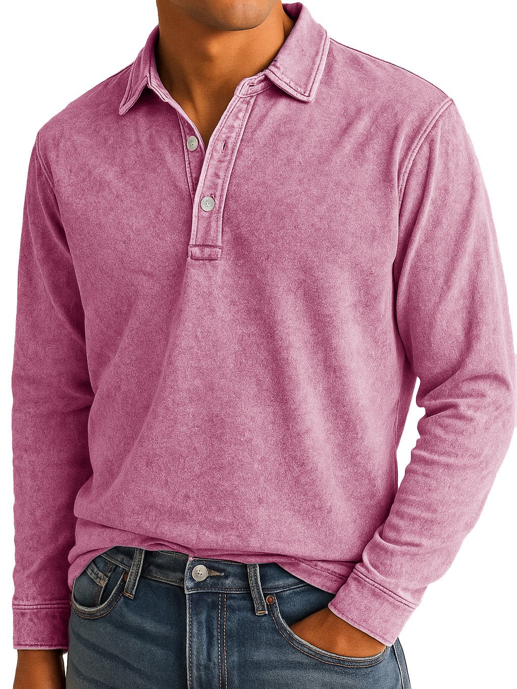 Men's Stylish Vintage Washed And Distressed Lapel Long-sleeved Polo Shirt