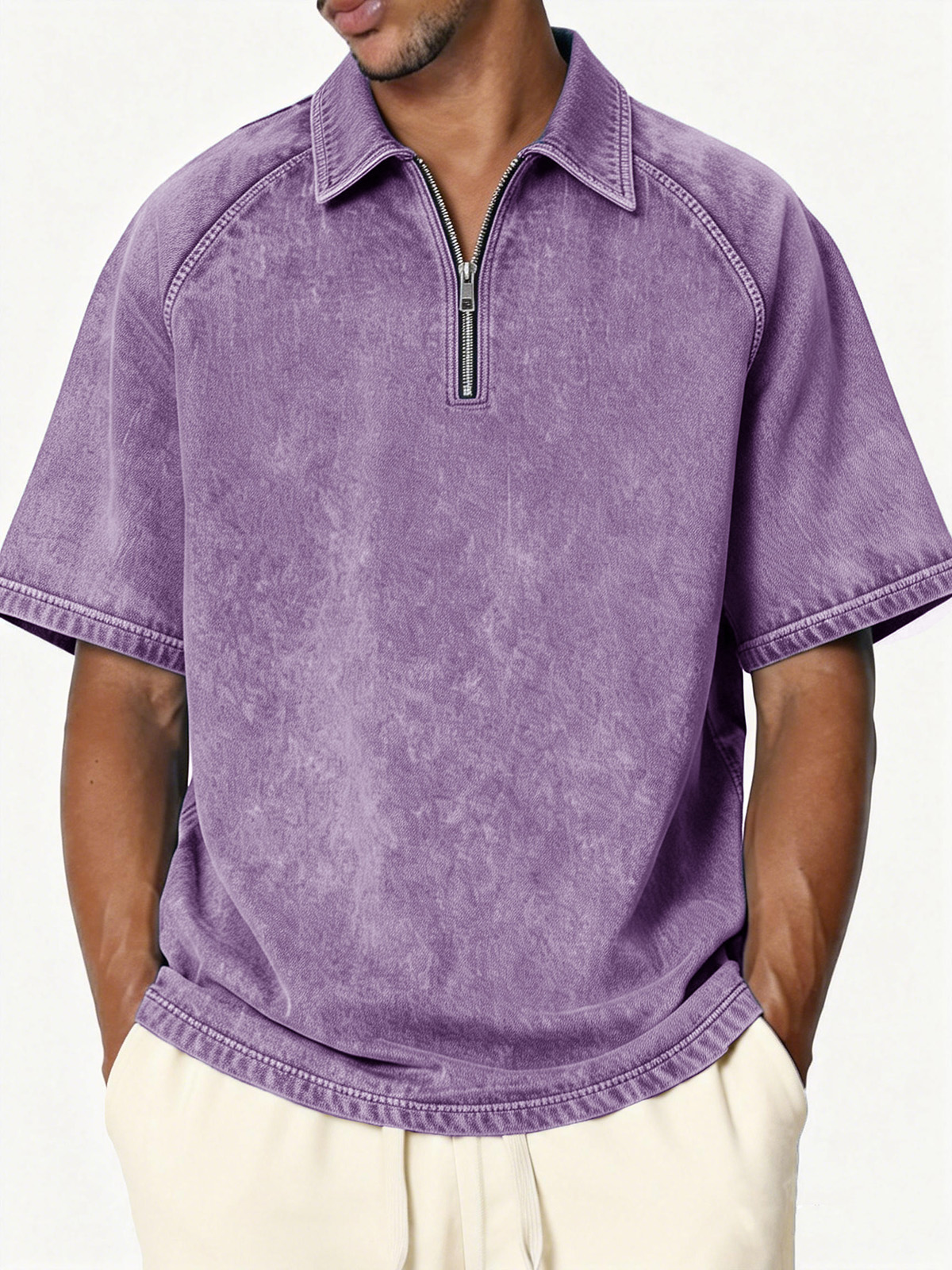 Men's Retro Distressed Raglan Collar Zipper Loose Short-Sleeve Polo Shirt