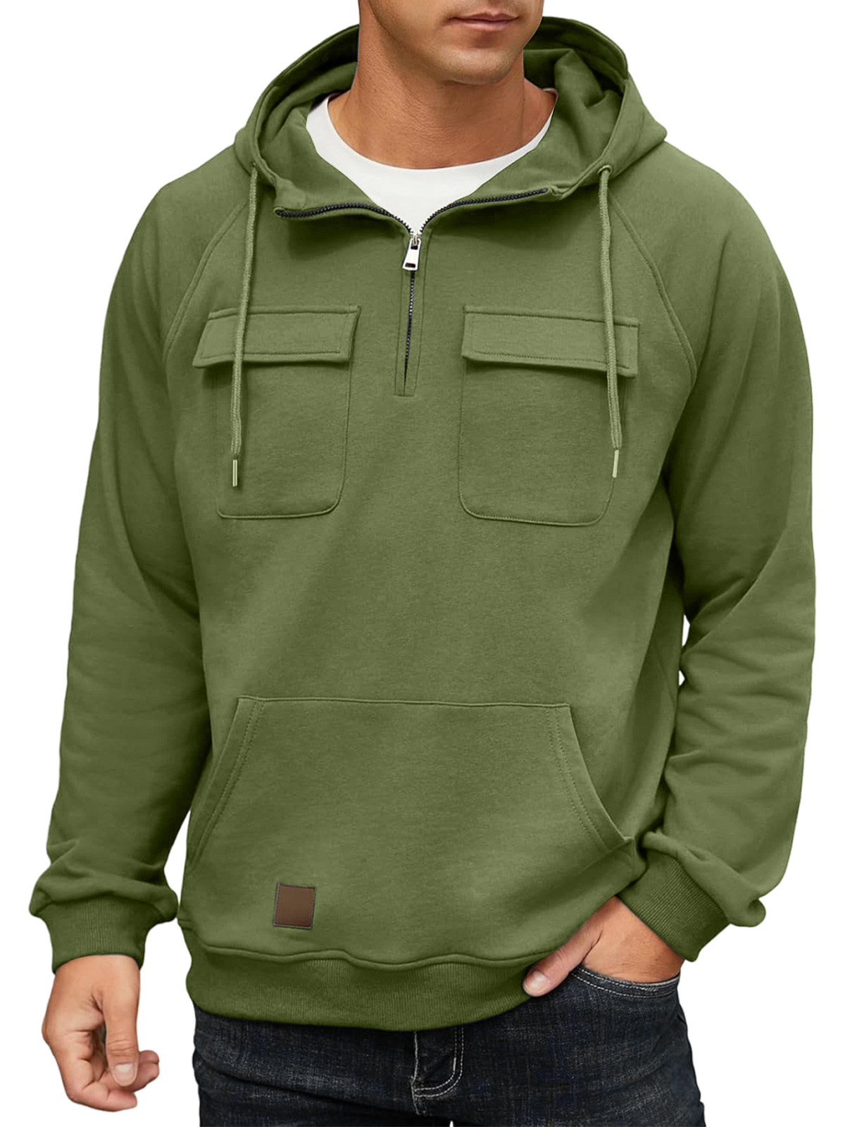 Men's Casual Hooded Zippered Double Pocket Solid Color Sweatshirt