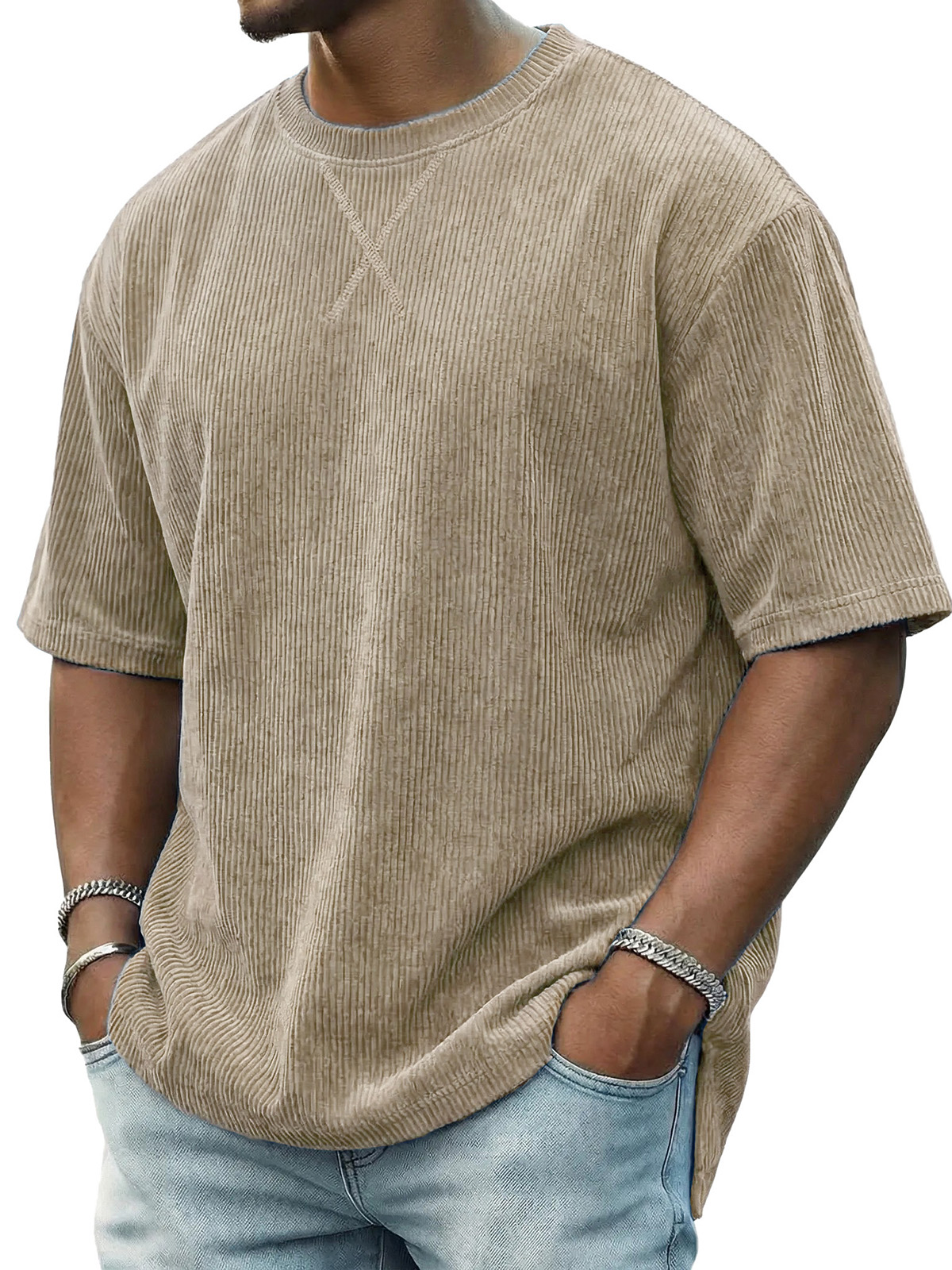 Men's Casual Fashionable Ribbed Crew Neck Short-Sleeve T-Shirt