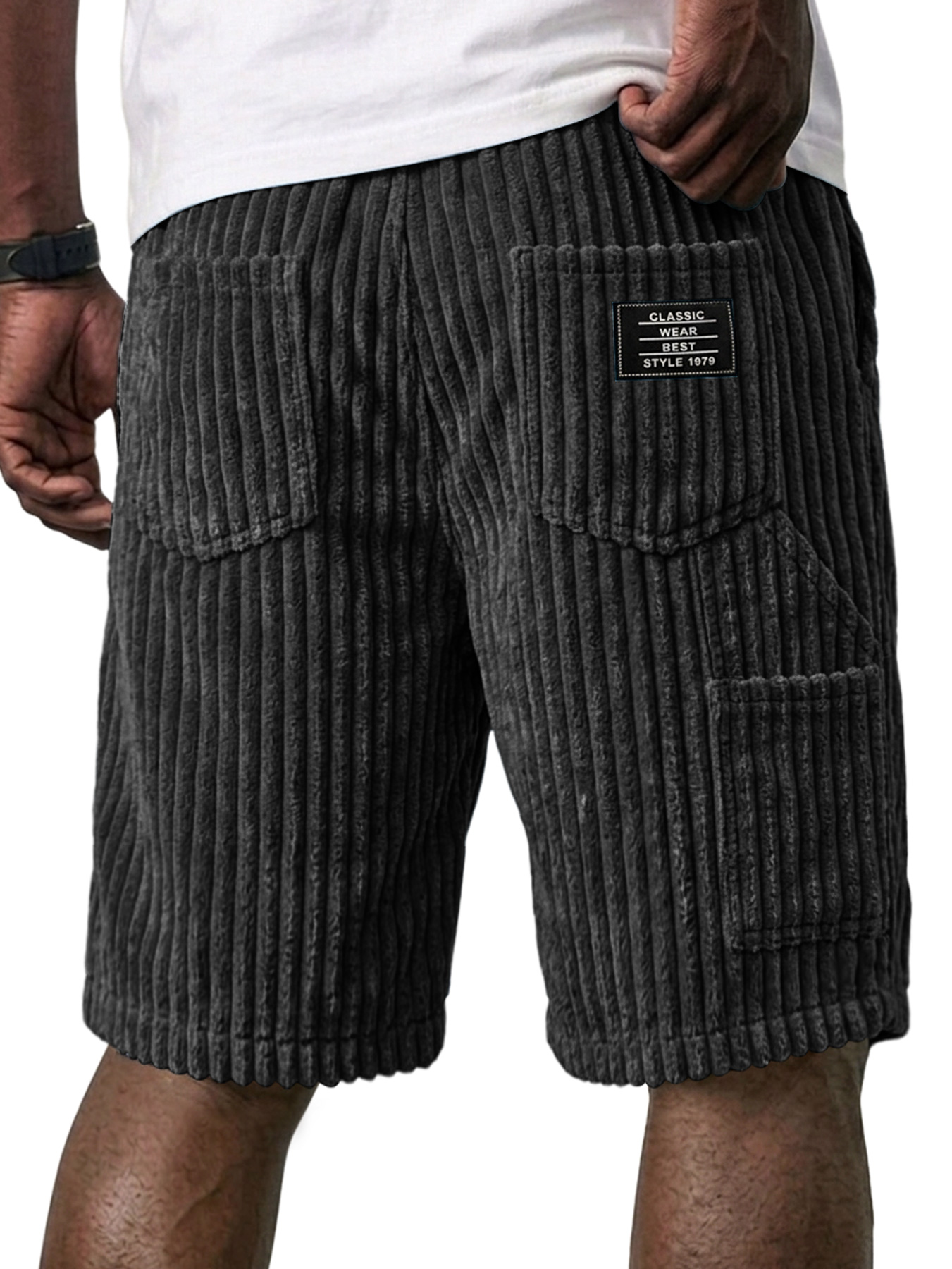 Men's Retro Corduroy Multi-Pocket Embroidered Logo Casual Work Shorts