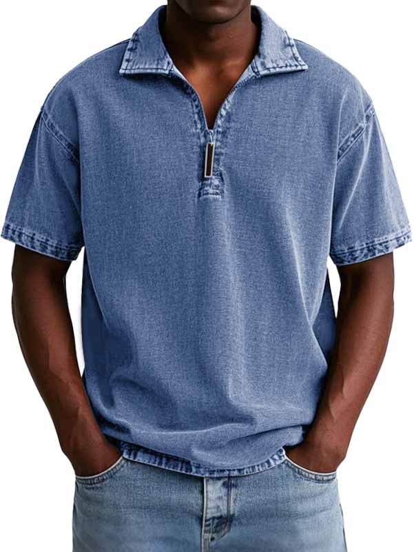 Men's Retro Distressed Zip Short Sleeve Polo Shirt
