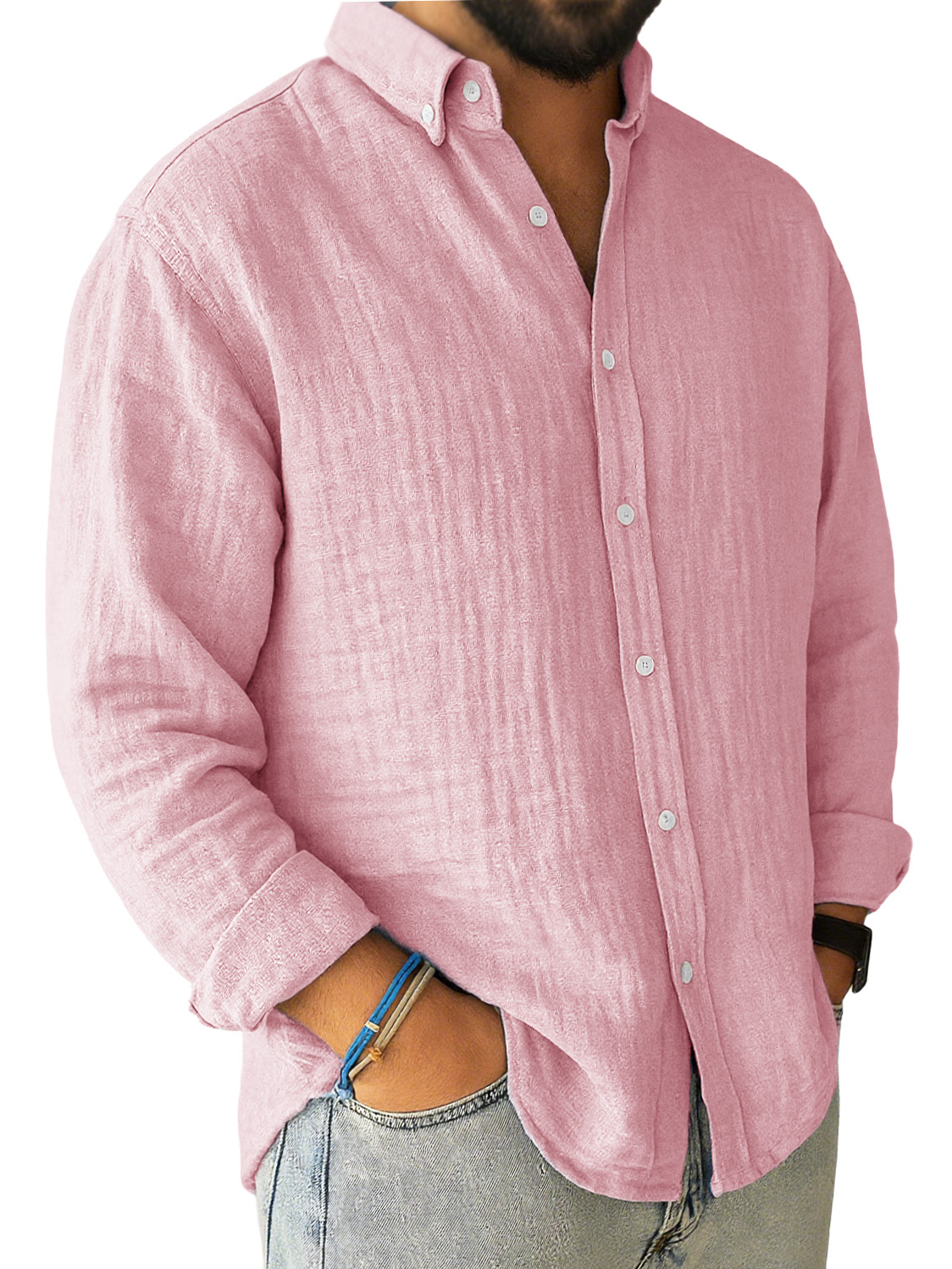 Men's Casual Pleated Loose-fitting Long-sleeved Lapel Shirt
