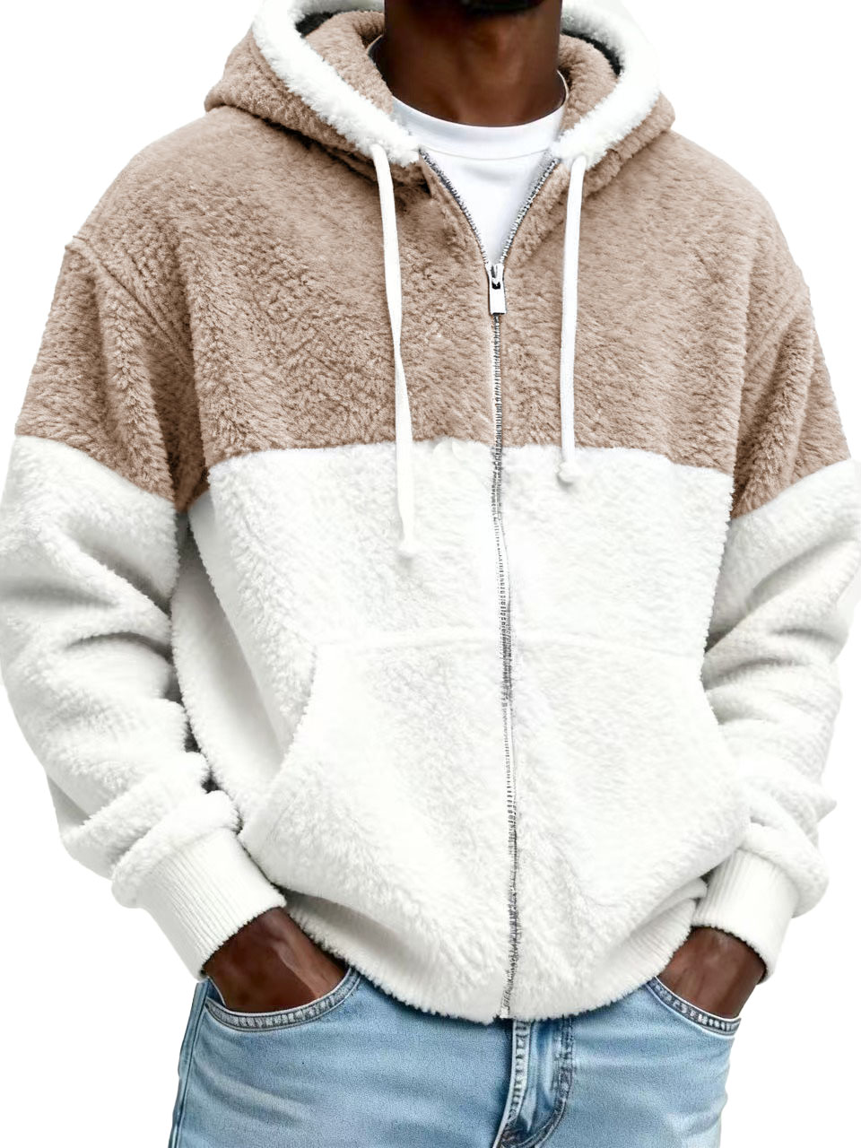 Men's Stylish Casual Patchwork Plush Warm Long-sleeved Hooded Jacket