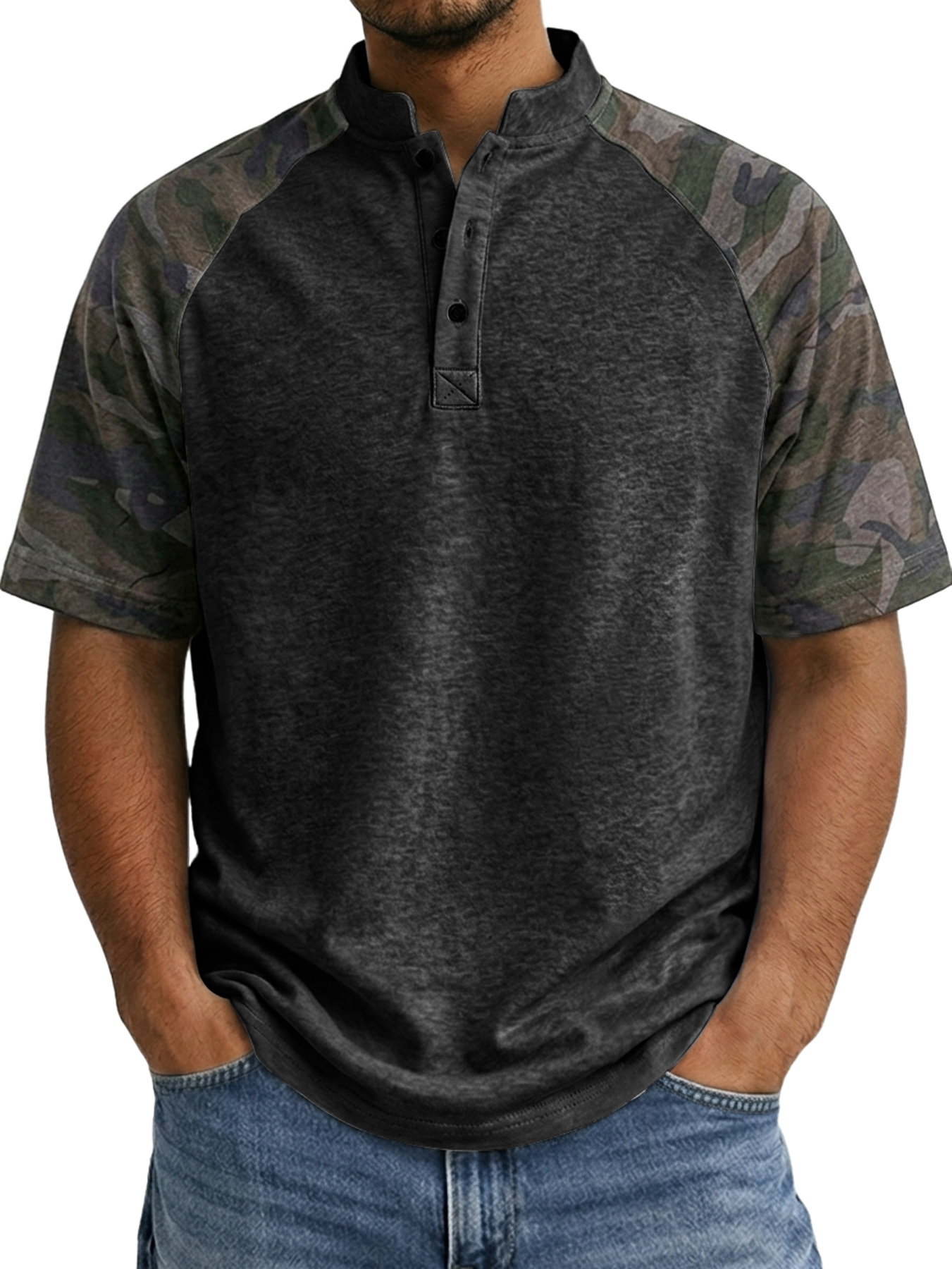 Men's Raglan Camo Casual Stand Collar Short Sleeve Henley Shirt