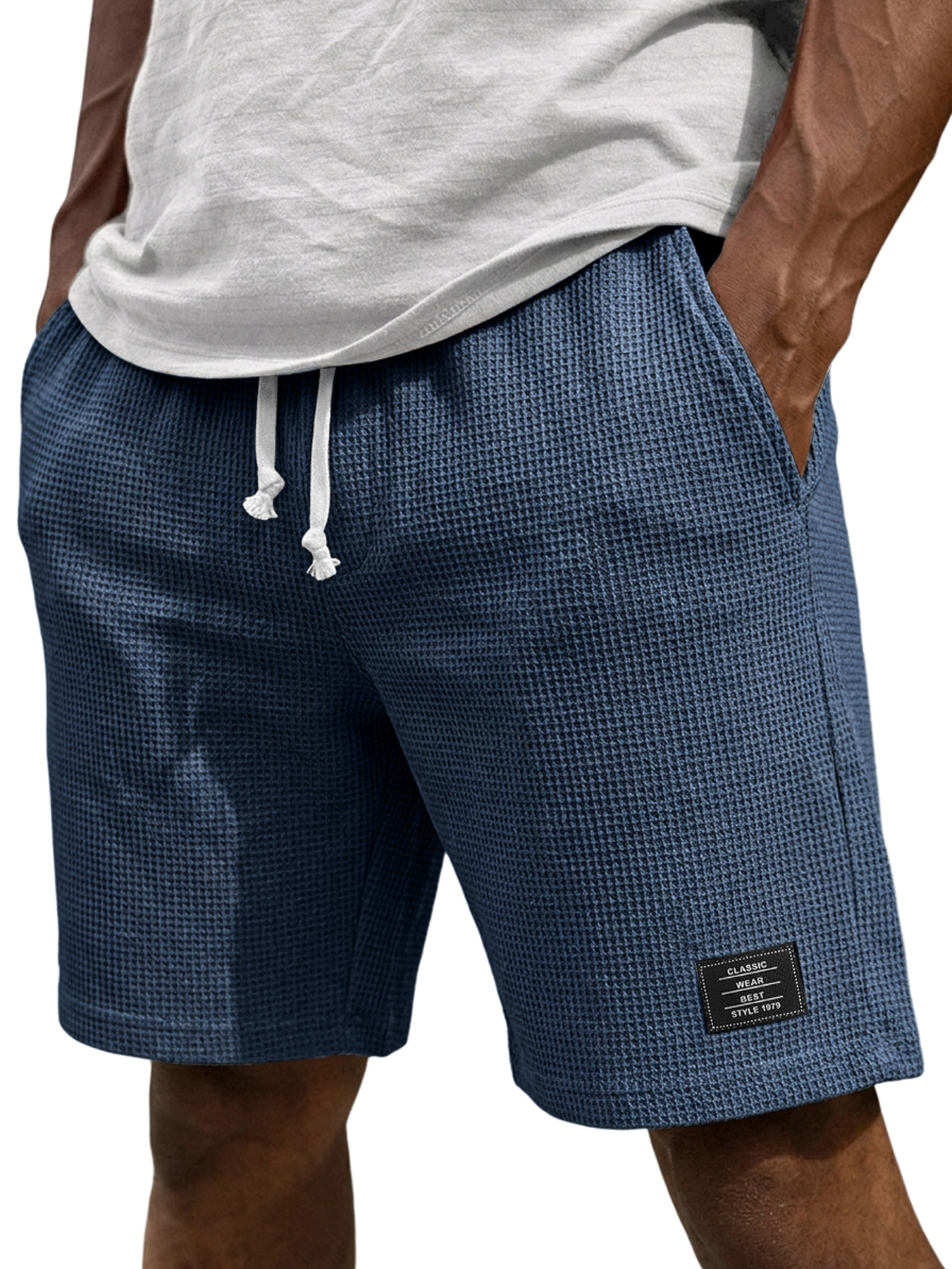 Men's Casual Waffle Embroidered Logo Elastic Waist Loose Shorts