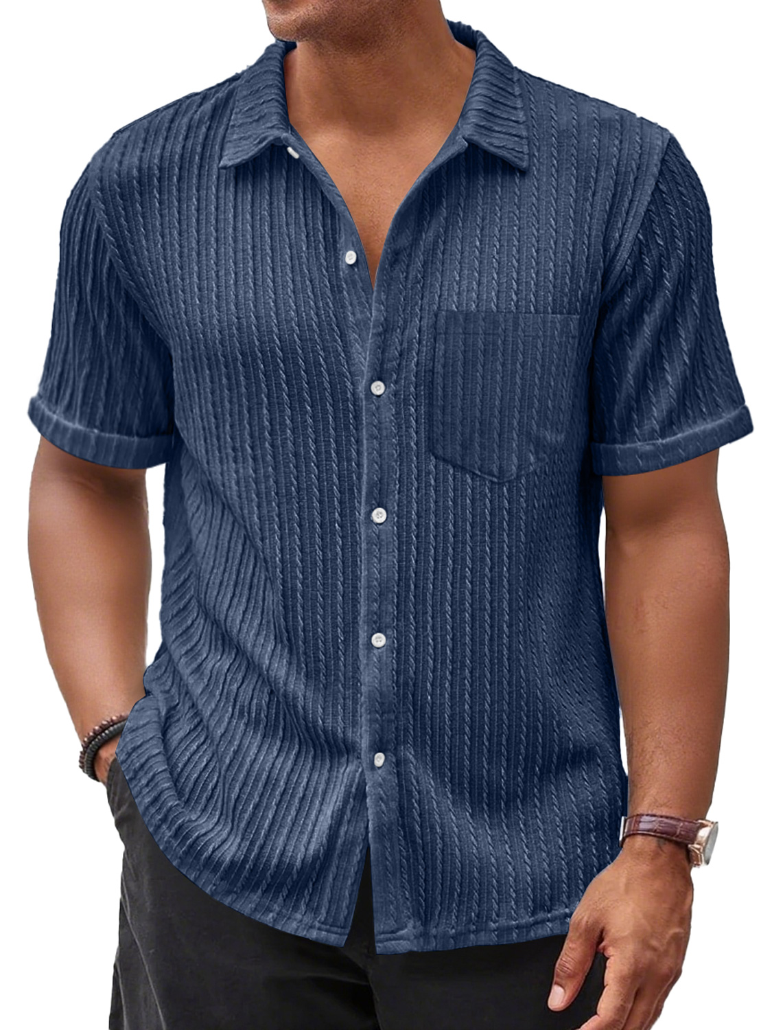 Men's Daily Casual Jacquard Texture Pocket Solid Color Comfortable Short-sleeved Shirt