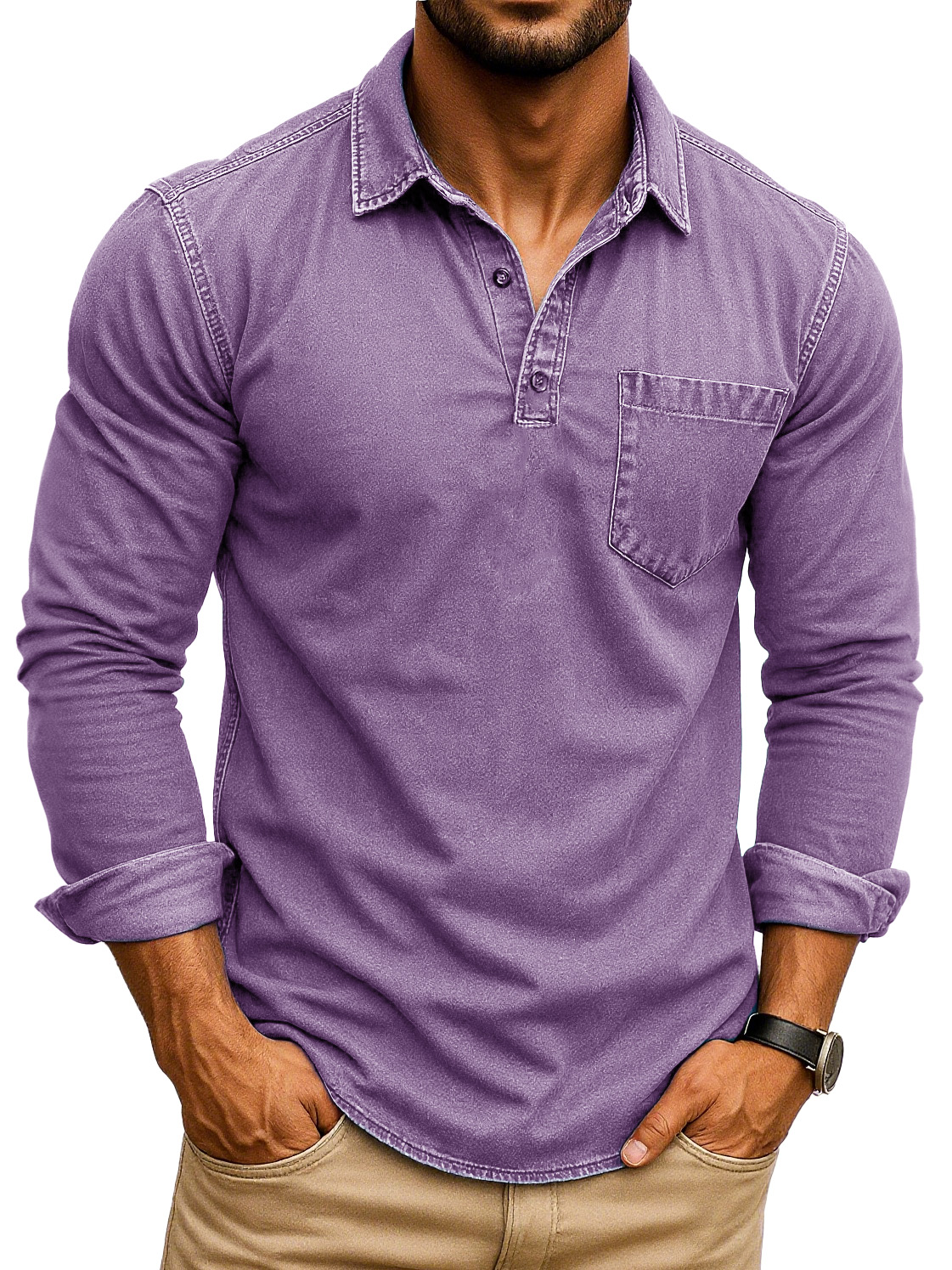 Men's Retro Fashion Distressed Lapel Pocket Long Sleeve Polo Shirt