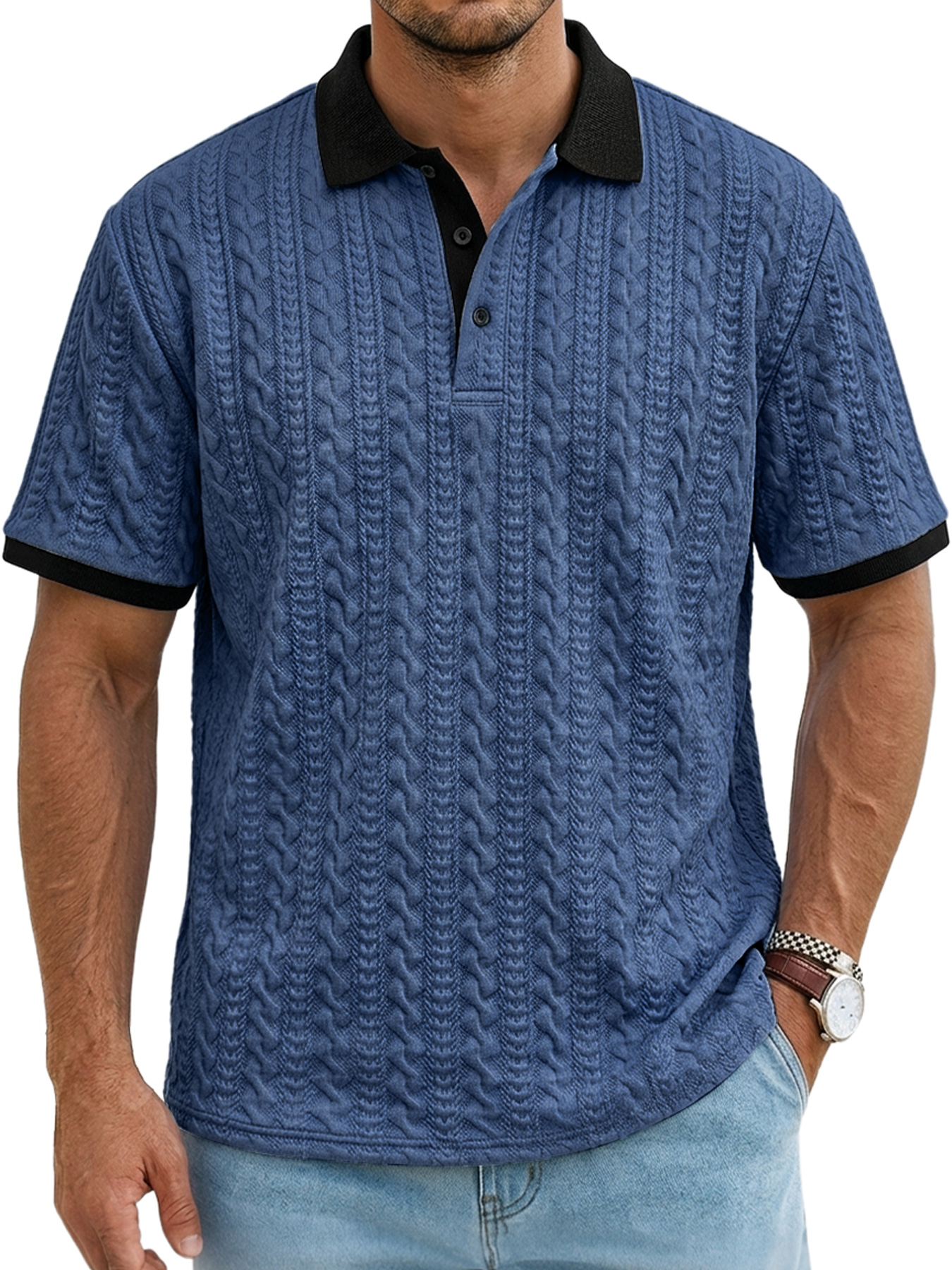 Men's Textured Collar Button-Up Casual Comfort Short-Sleeve Polo Shirt